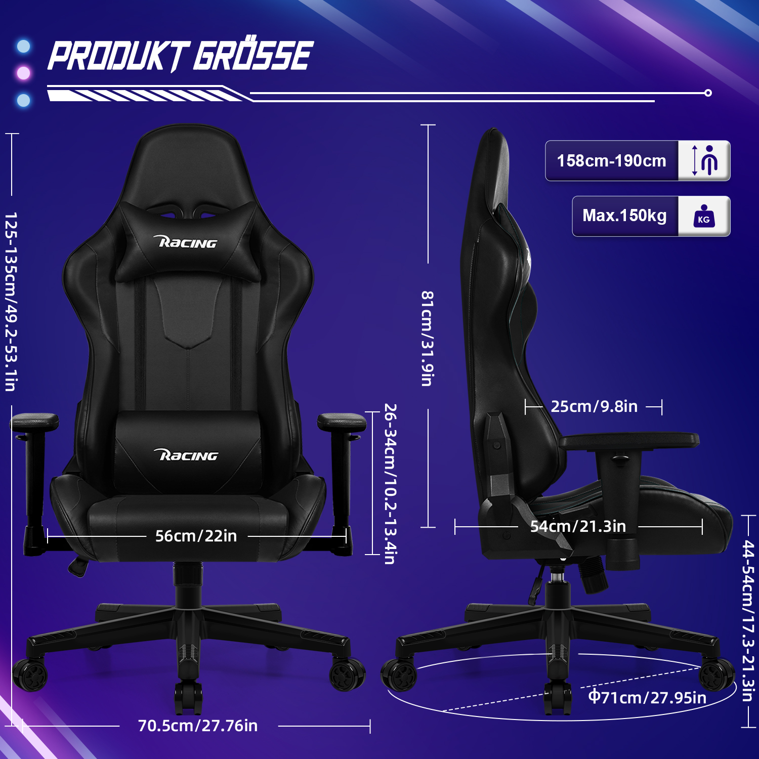 Das Bild zeigt einen schwarzen Gaming-Stuhl mit Maßen für Höhe, Breite und Tiefe.