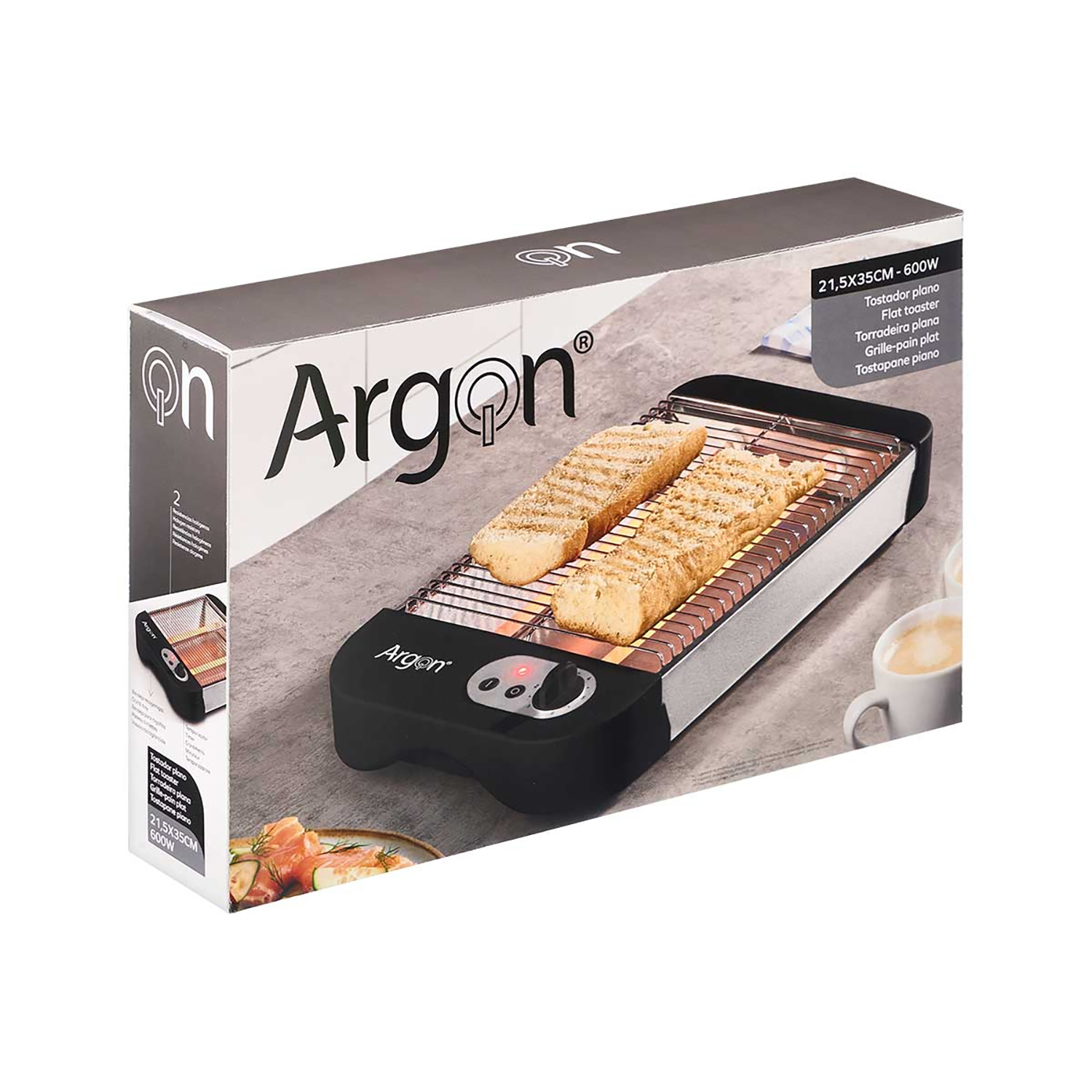 Elektrischer Grill in einer Box. Der Grill ist schwarz, mit Brot darin. Die Box hat den Markennamen Argon und Produktdetails.