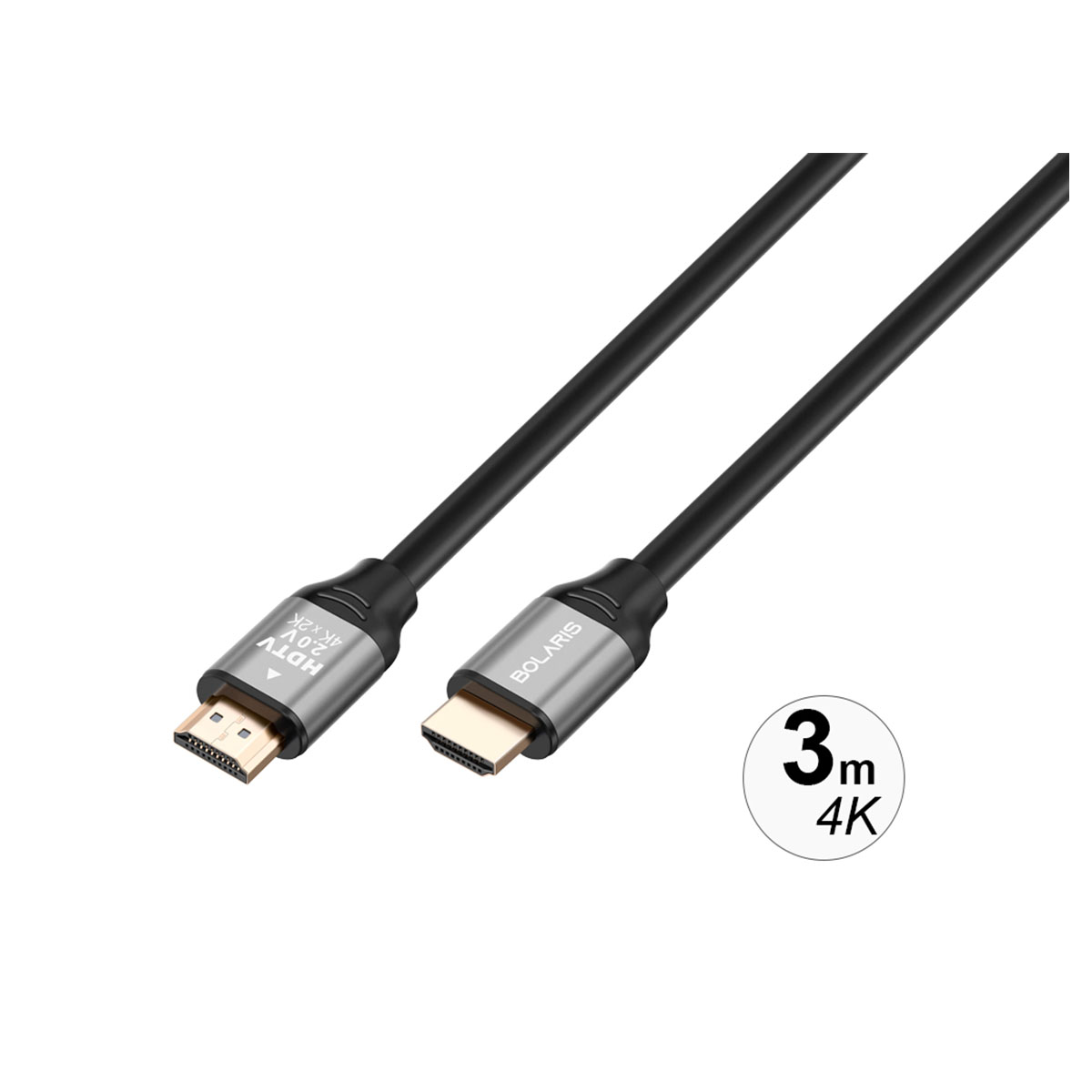 Zwei schwarze HDMI-Kabel mit silbernen Steckern auf weißem Hintergrund. Text zeigt 3m 4K.