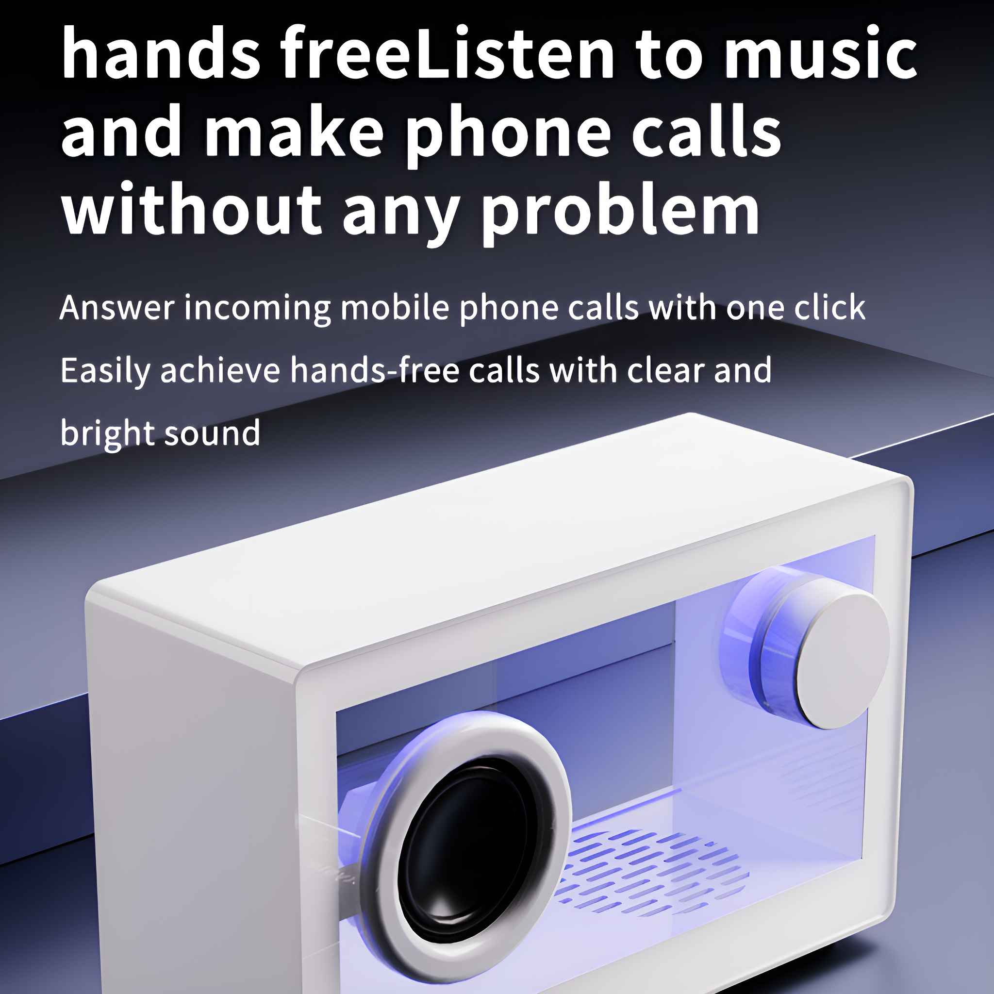 Ein weißer Lautsprecher mit zwei sichtbaren kreisförmigen Lautsprechern. Text: Freisprechen. Musik hören. Anrufe tätigen.