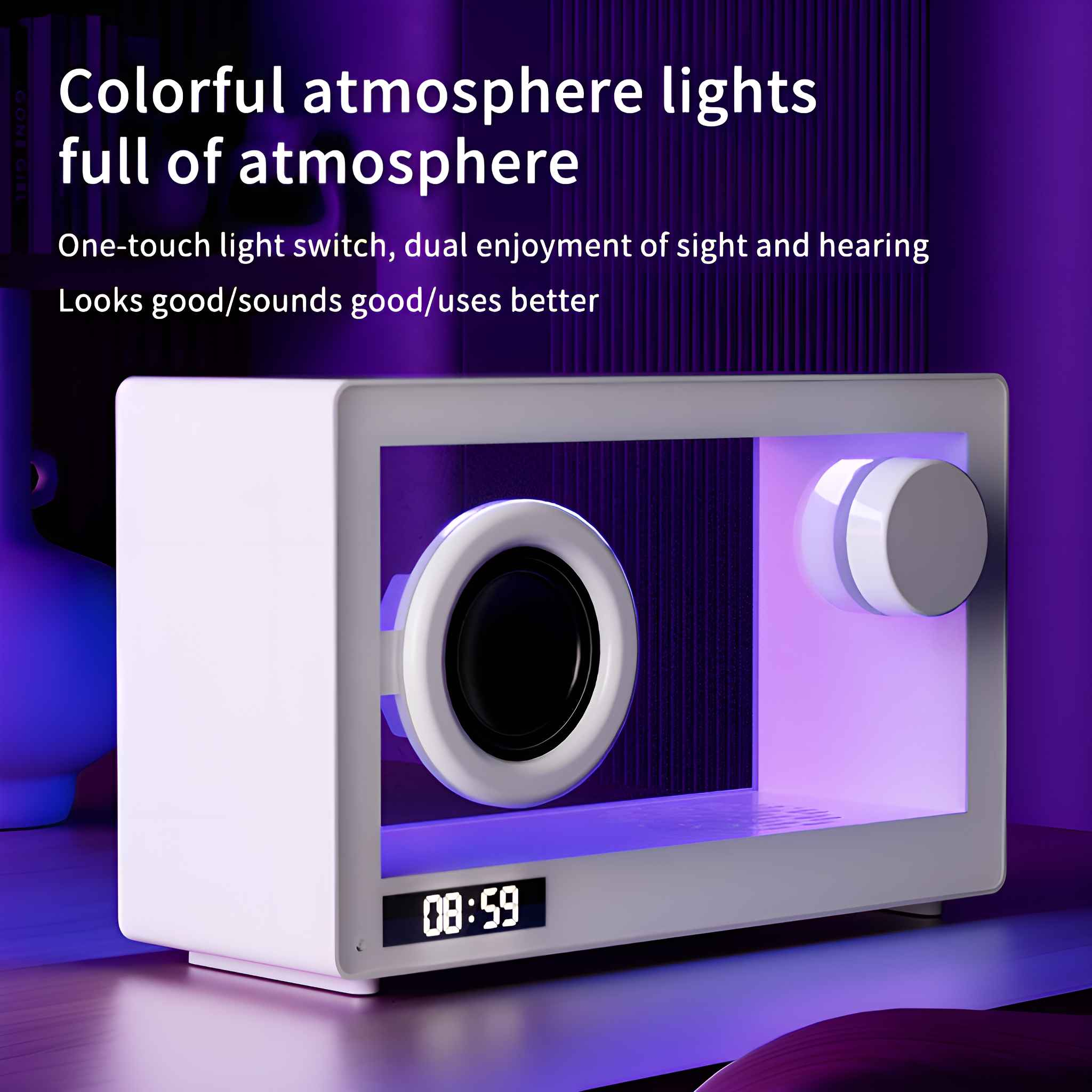 Ein weißer Lautsprecher mit zwei Lautsprechern und einer Digitaluhr. Er hat farbige Lichter im Inneren. Text: Farbenfrohe Atmosphäre.