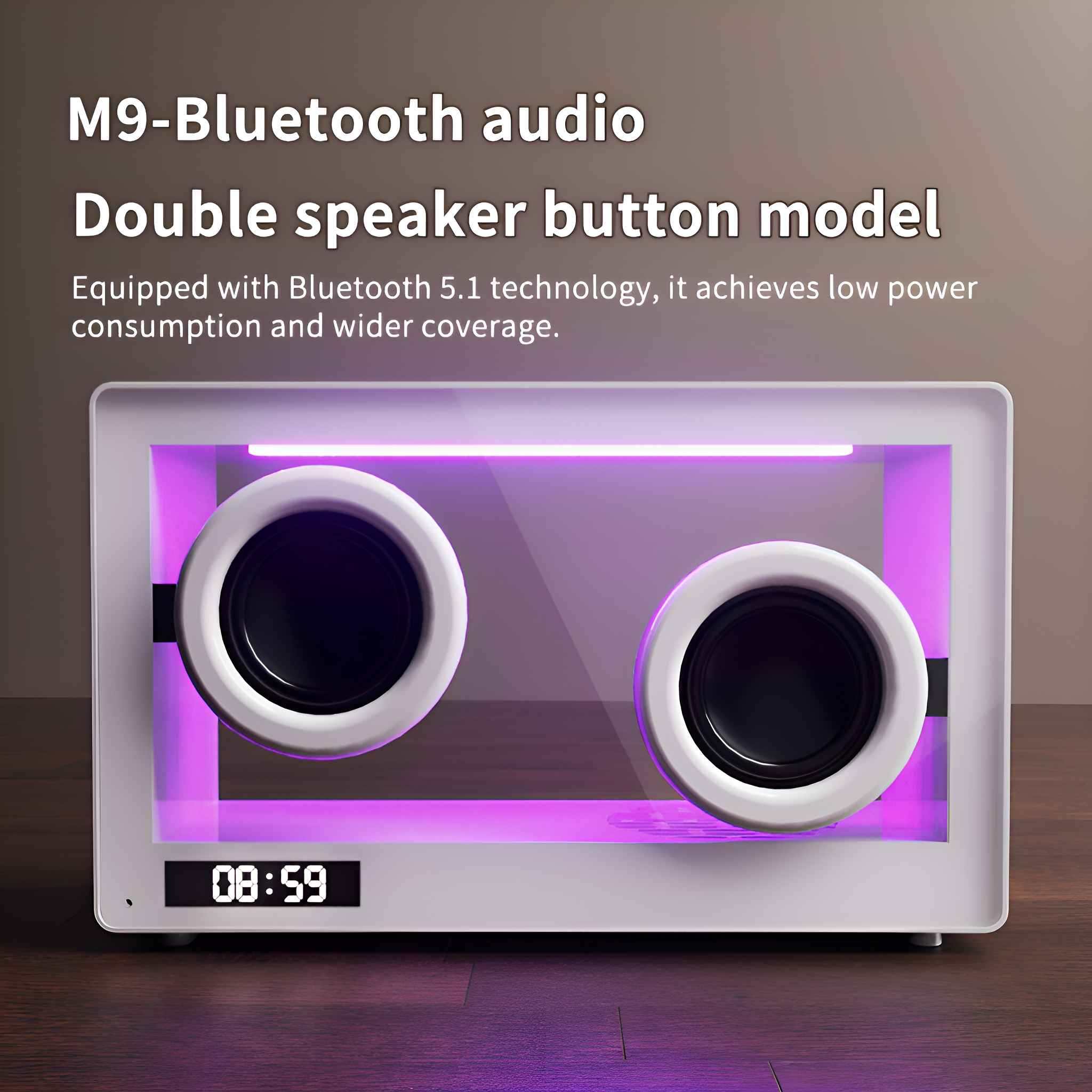 Ein weißer Lautsprecher mit zwei kreisförmigen Lautsprechern und einem lila Licht im Inneren. Text: M9-Bluetooth Audio.