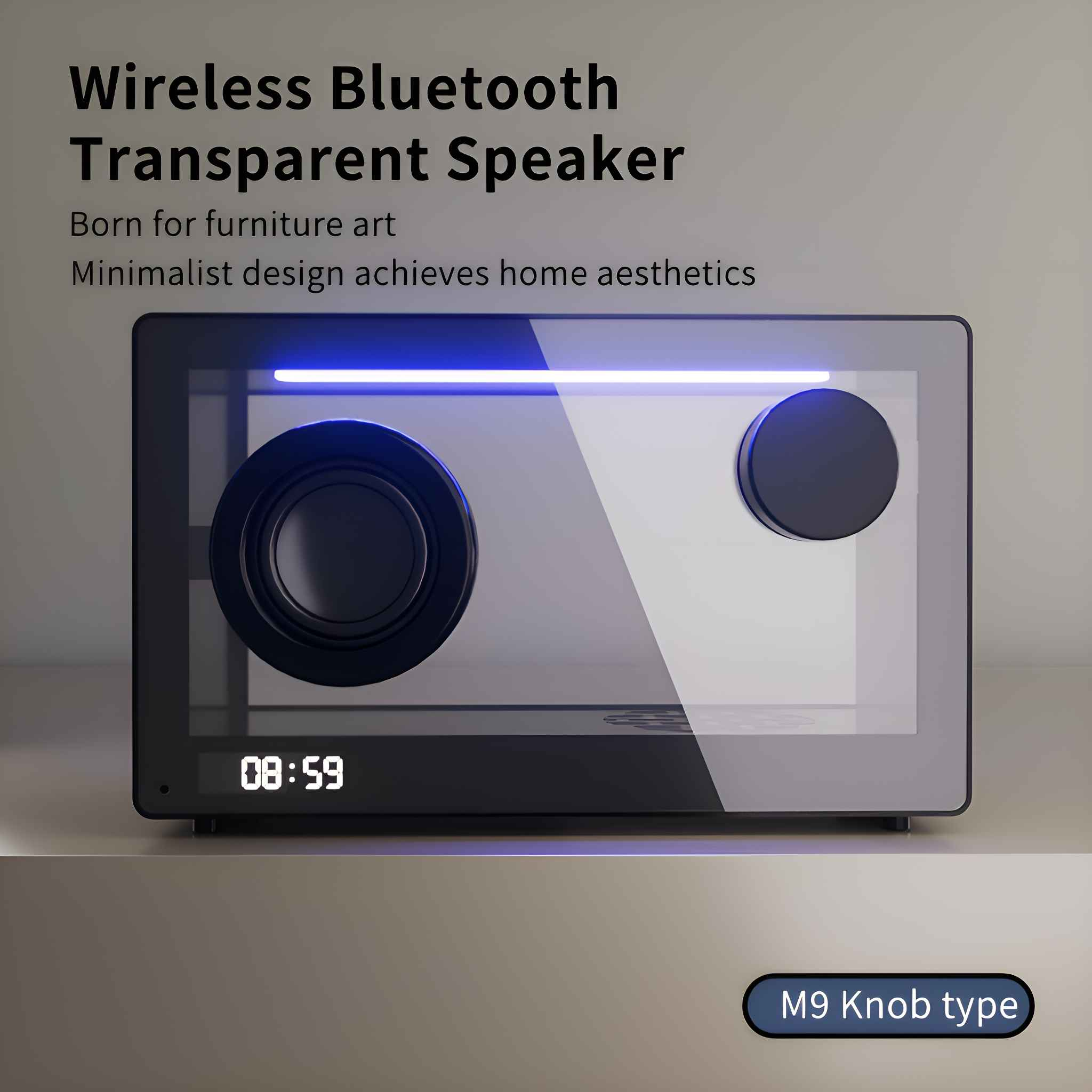 Ein schwarzer Lautsprecher mit transparenter Front. Es zeigt die Zeit: 08:59. Text: Wireless Bluetooth Transparent Speaker.