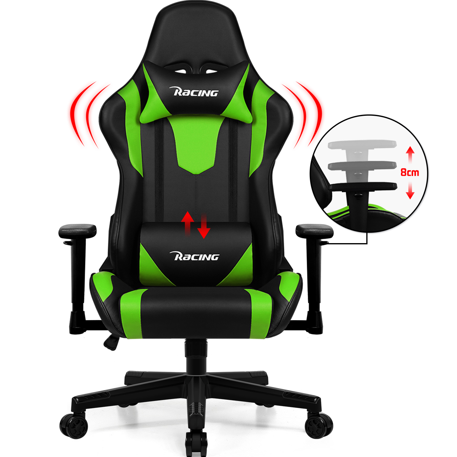 Schwarzer und grüner Gaming-Stuhl mit verstellbaren Funktionen, Kopfstütze und Lendenkissen.
