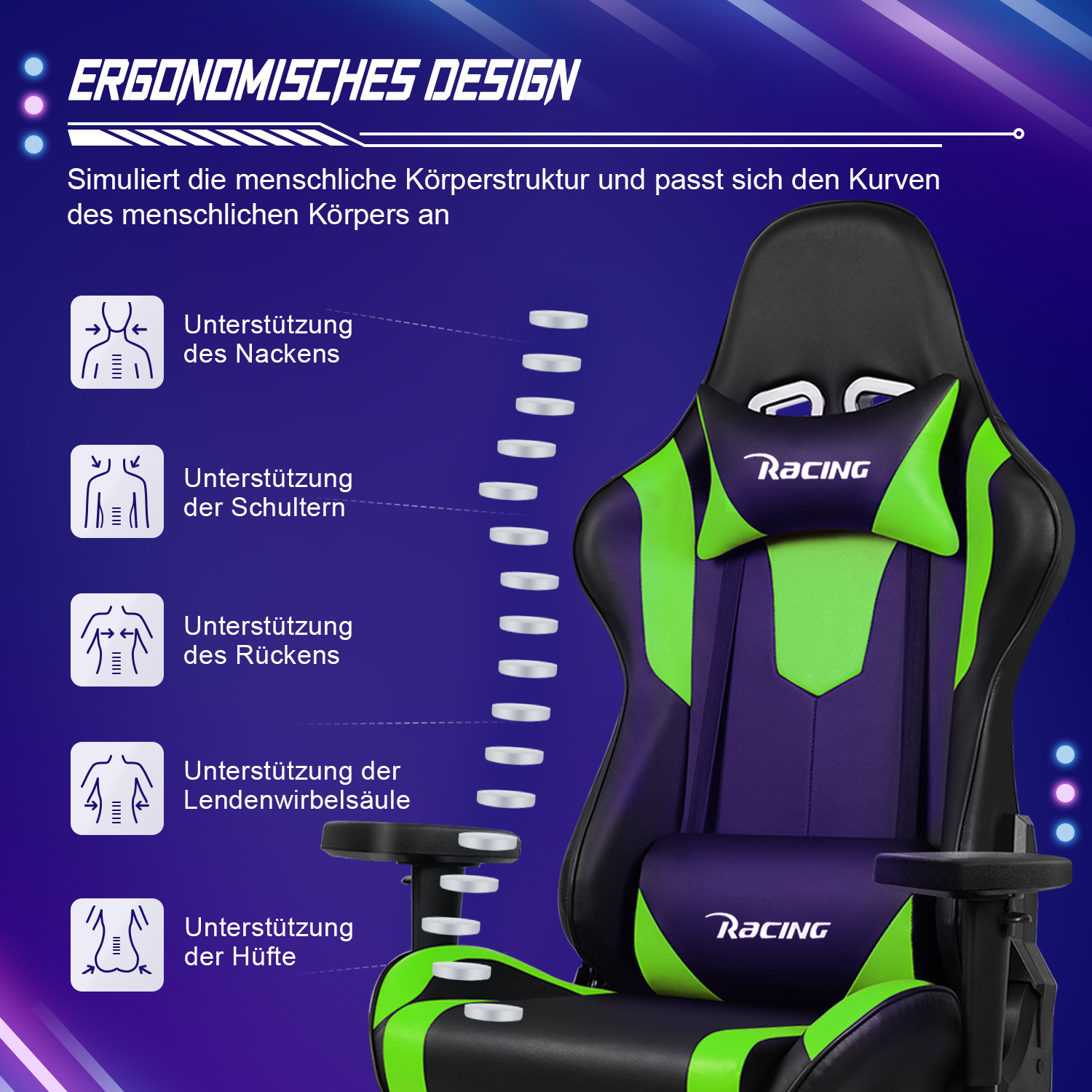 Ergonomischer Gaming-Stuhl mit beschrifteten Unterstützungsbereichen für Nacken, Schultern, Rücken, Lendenwirbelsäule und Hüften.