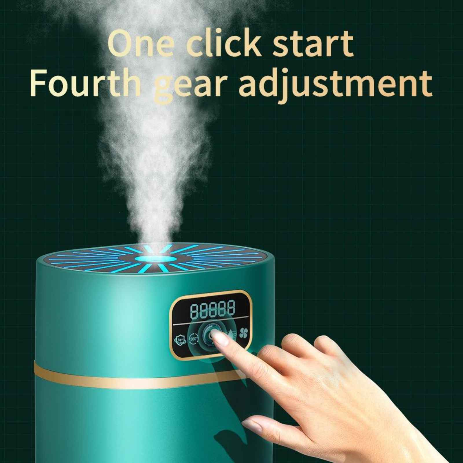 Eine Hand drückt eine Taste auf einem türkisfarbenen Luftbefeuchter mit den Worten 'One click start'.
