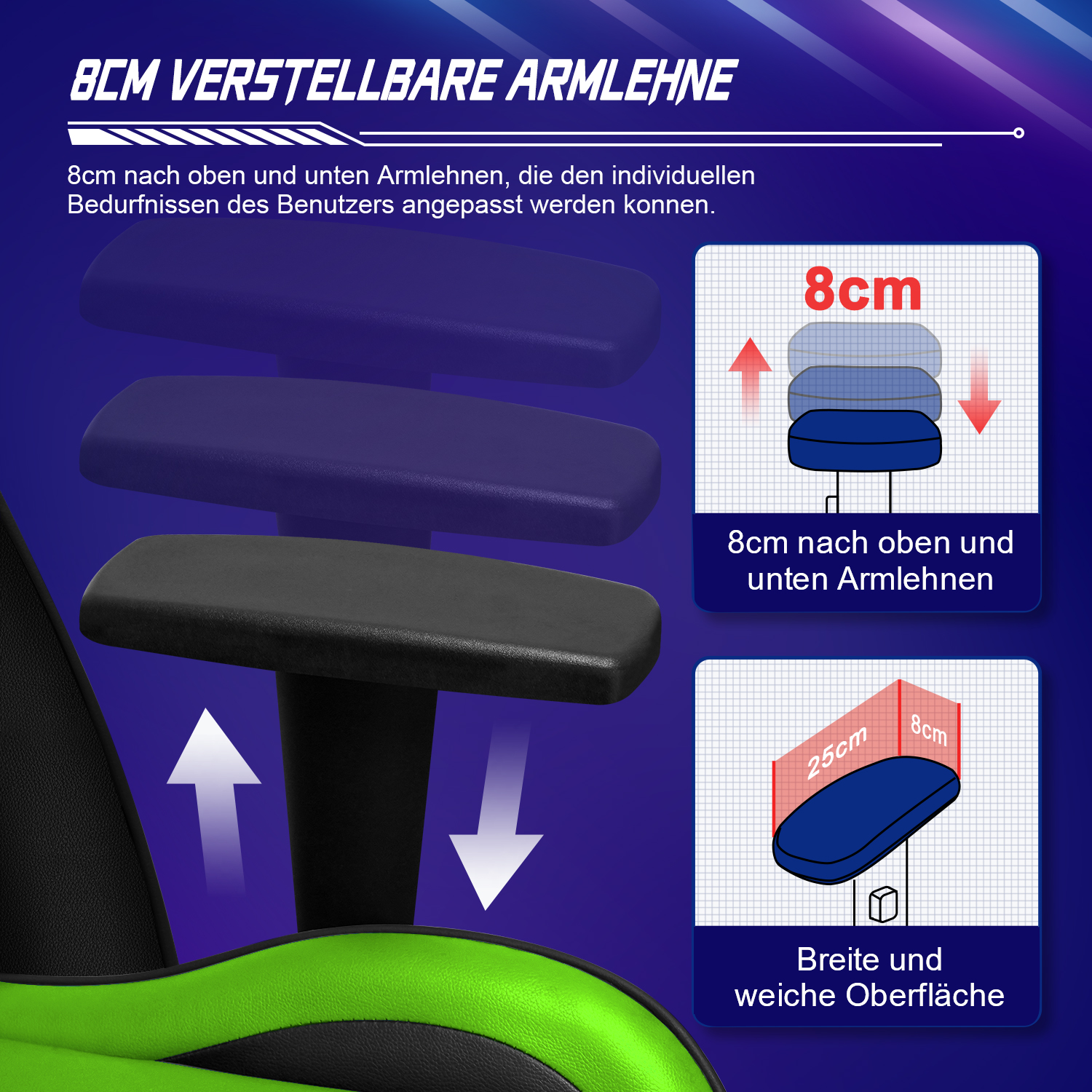 Eine Grafik zeigt die verstellbaren Armlehnen eines grün-schwarzen Gaming-Stuhls.