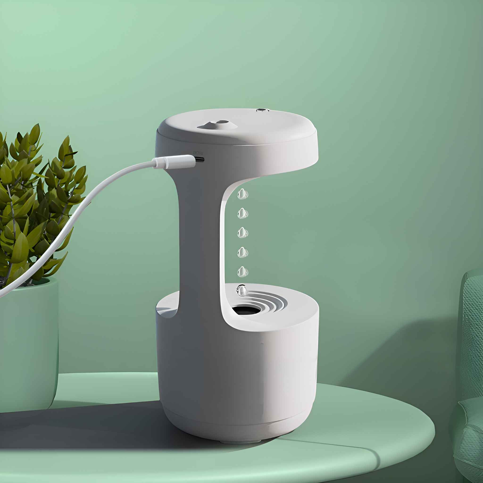 Weißer Luftbefeuchter mit angeschlossenem USB-Kabel, aus dem Wassertropfen austreten, auf einem Tisch.