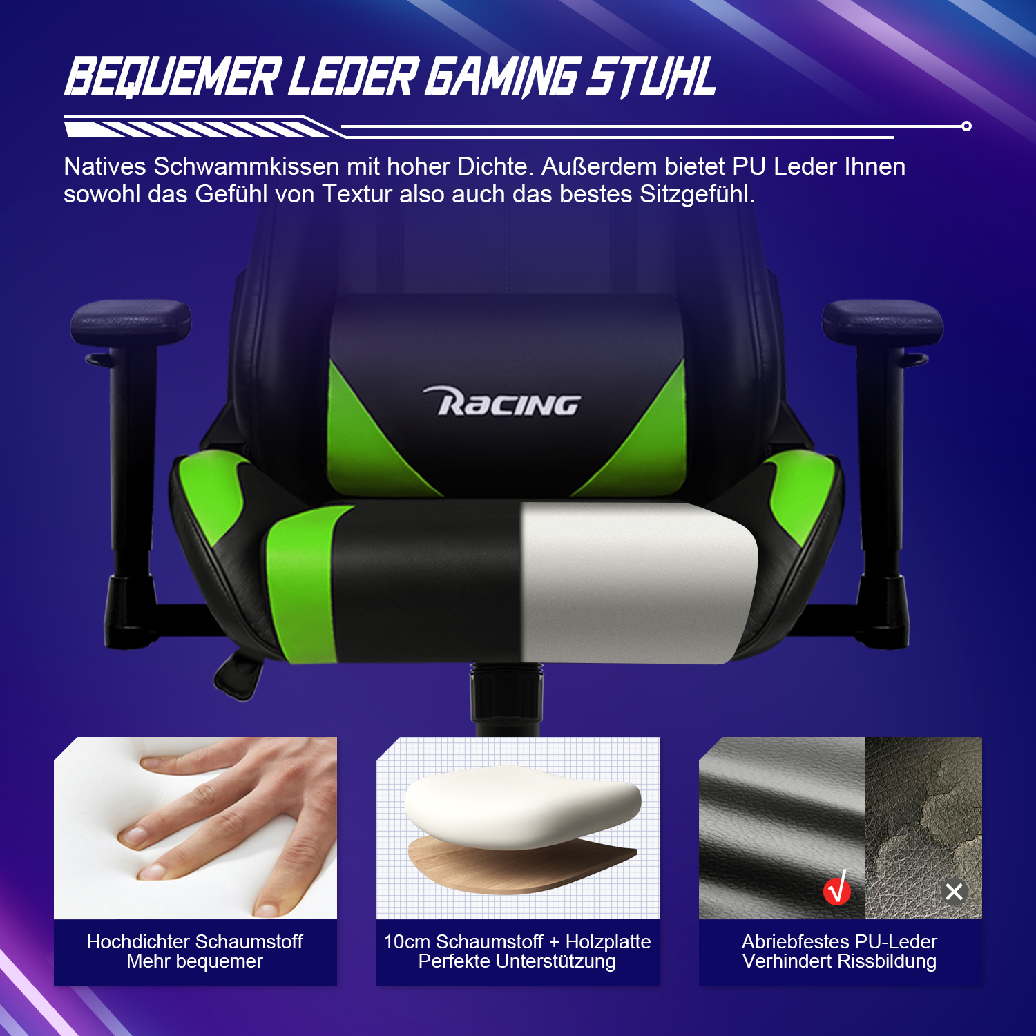 Eine Nahaufnahme eines schwarz-grünen Gaming-Stuhls, der seine Komfortmerkmale hervorhebt.
