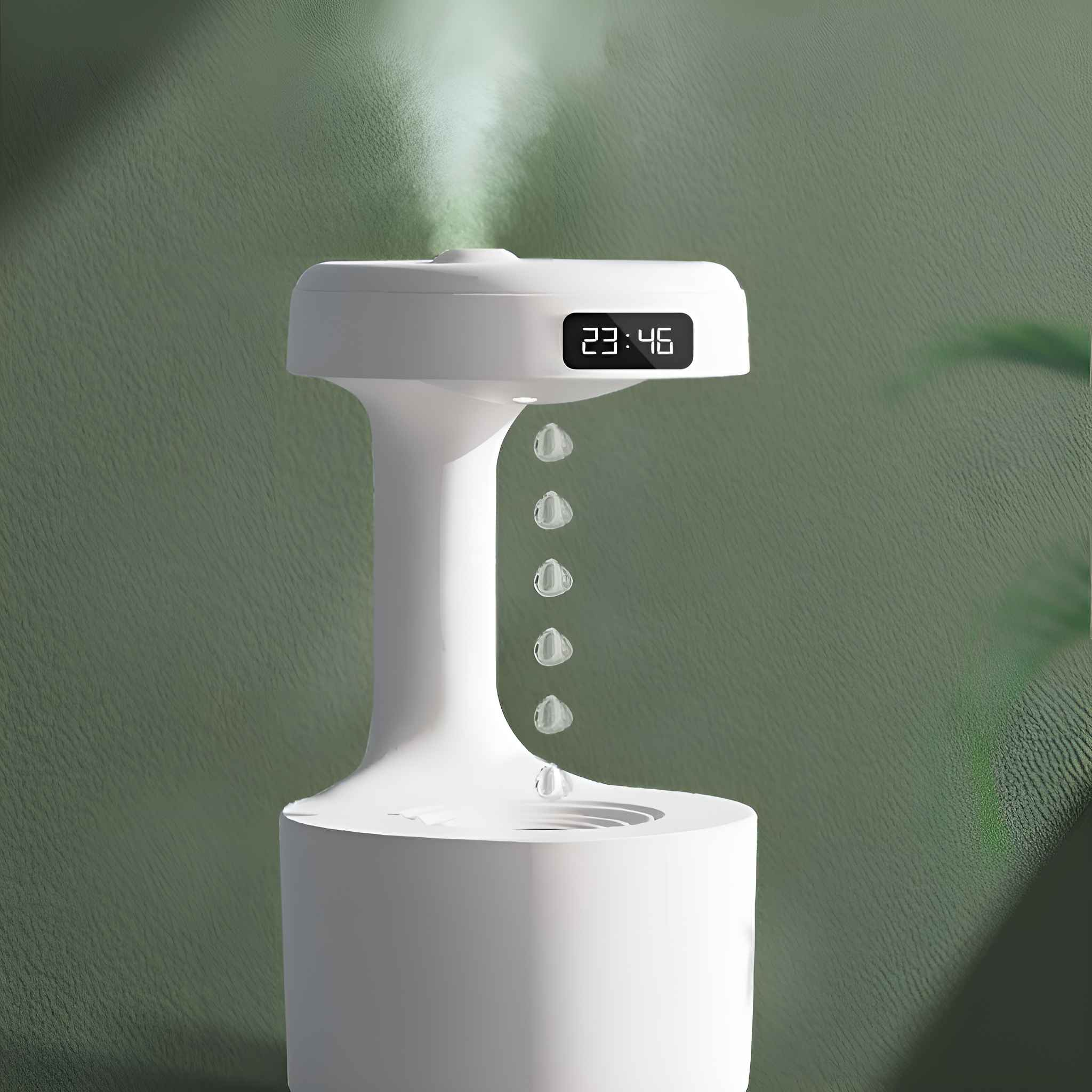 Weißer Luftbefeuchter mit Digitaluhr, die 23:46 anzeigt, mit Wassertropfen und grünem Hintergrund.