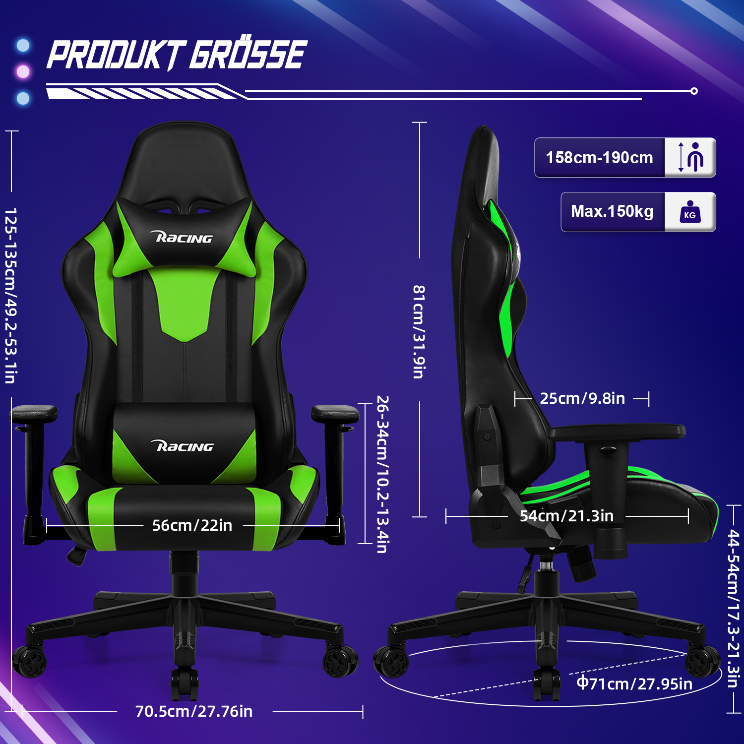 Detaillierte Diagramm eines Gaming-Stuhls mit Abmessungen und Messungen in Zoll und Zentimetern.