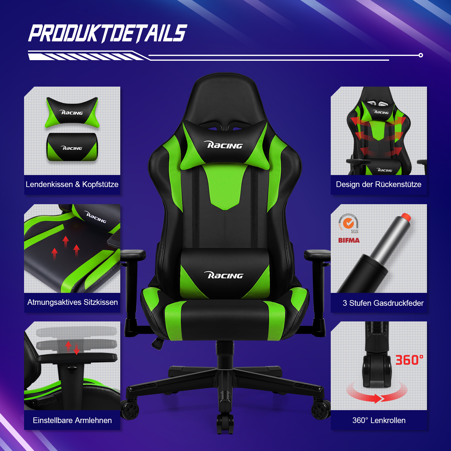 Ein schwarz-grüner Gaming-Stuhl mit verstellbarer Lenden- und Kopfstütze.