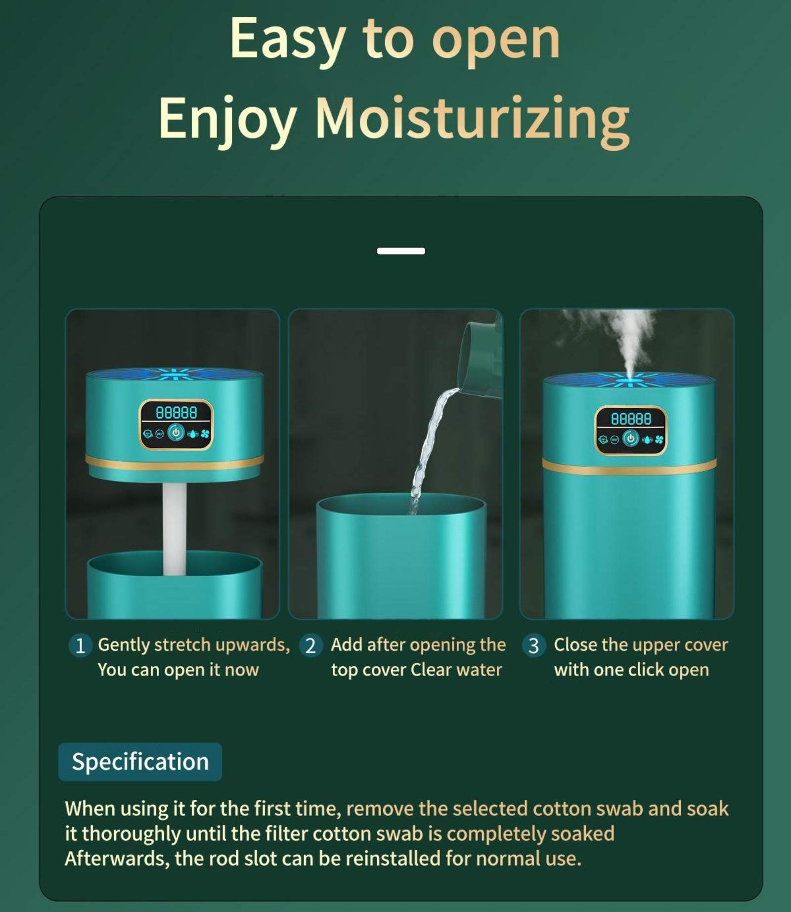 Eine Grafik, die zeigt, wie man einen Luftbefeuchter öffnet, Wasser hinzufügt und den Deckel schließt.