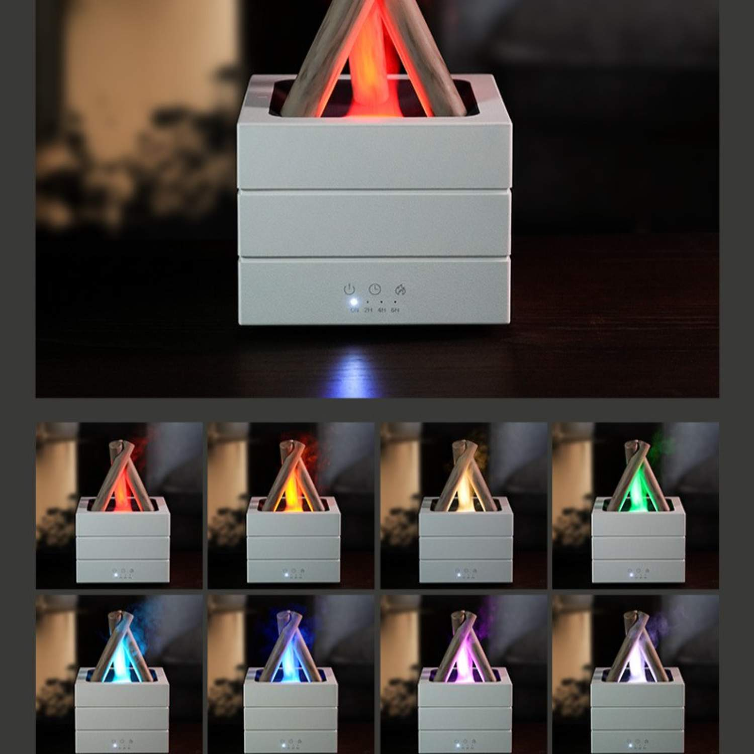 Ein weißer Aroma-Diffusor mit Holzscheiten und einem Flammeneffekt wird in verschiedenen Farbvarianten gezeigt.