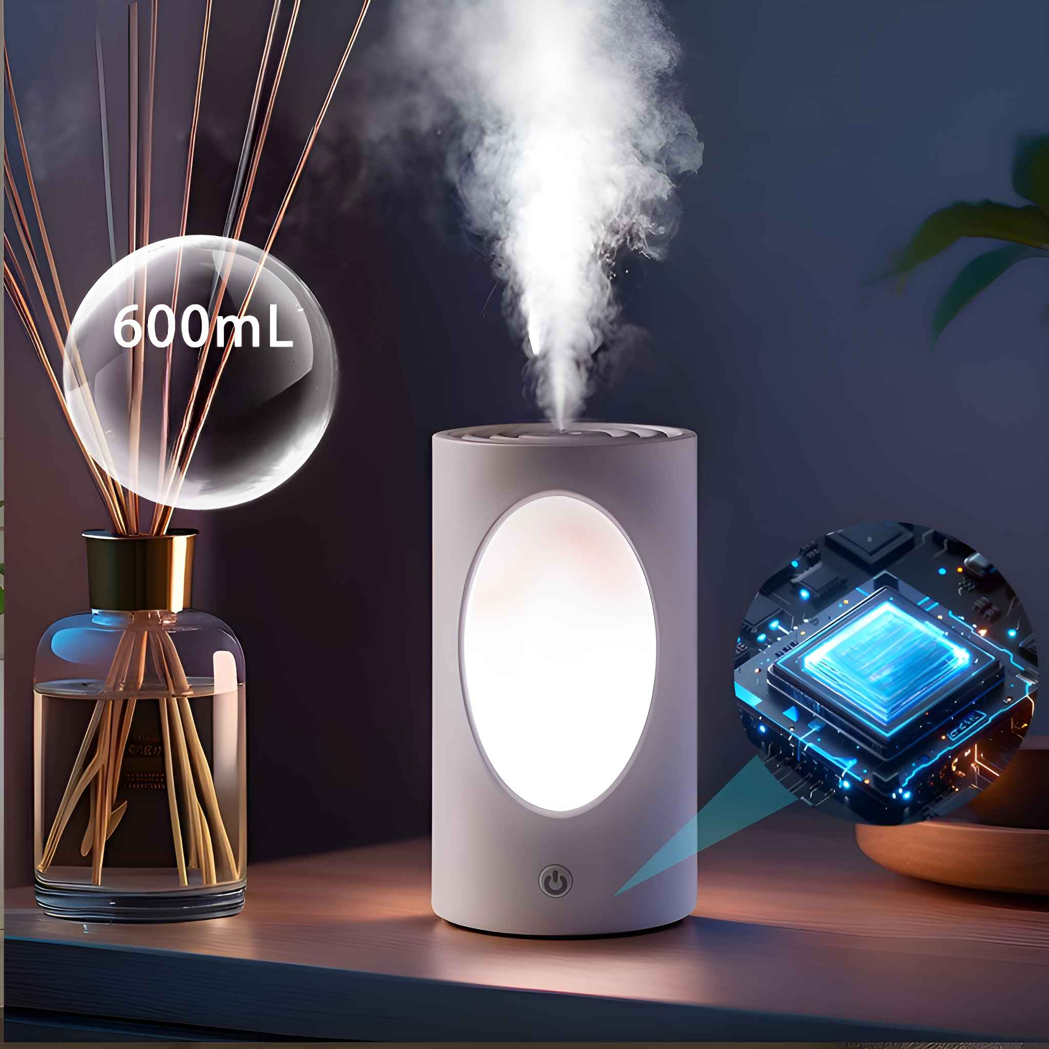 Ein weißer Luftbefeuchter mit ovalem Licht, neben einem Diffusor und einem Diagramm einer Platine.