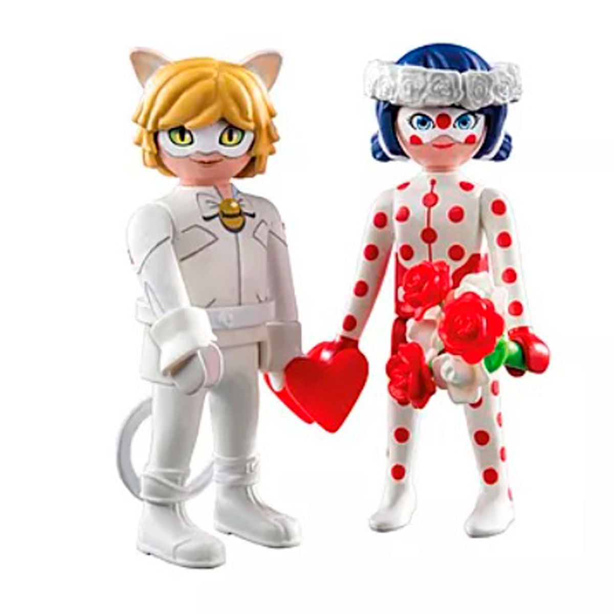 Dwie figurki Playmobil. Jedna to figurka Cat Noir, druga to figurka Marinette, trzymająca czerwone serce i róże.