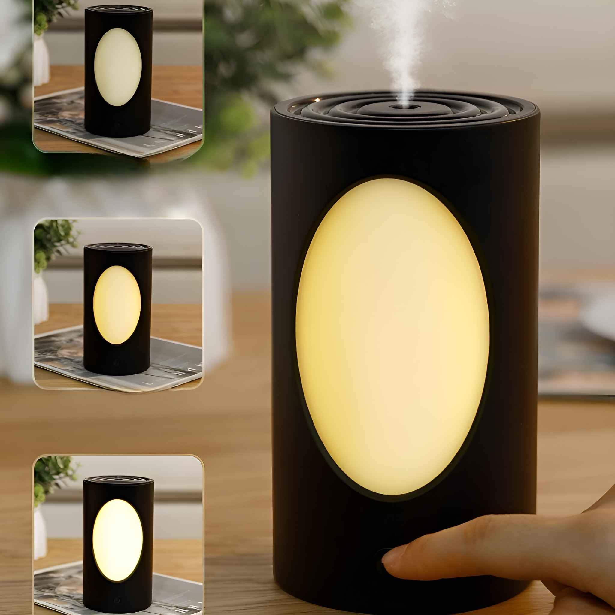 Ein schwarzer Luftbefeuchter mit ovalem gelbem Licht. Eine Hand drückt die Einschalttaste. Es gibt mehrere Ansichten des Geräts.