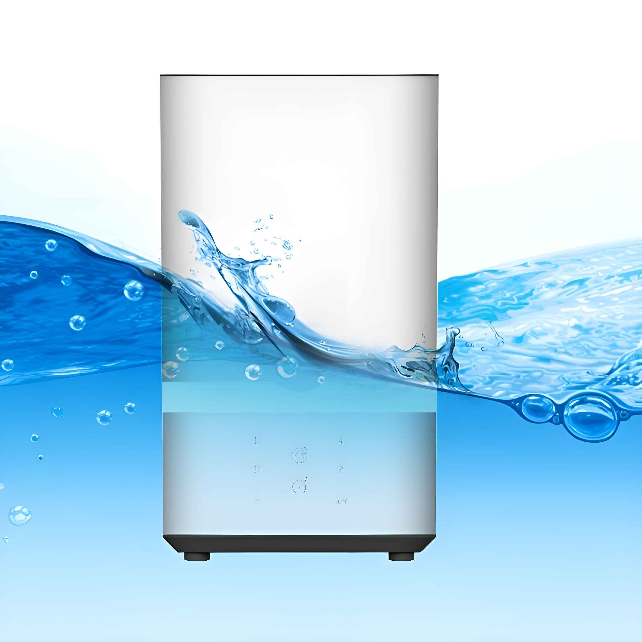 Ein Luftbefeuchter mit Wasser im Inneren hat Wasserspritzer um sich herum, wodurch eine Wasser-Themenwelt entsteht.