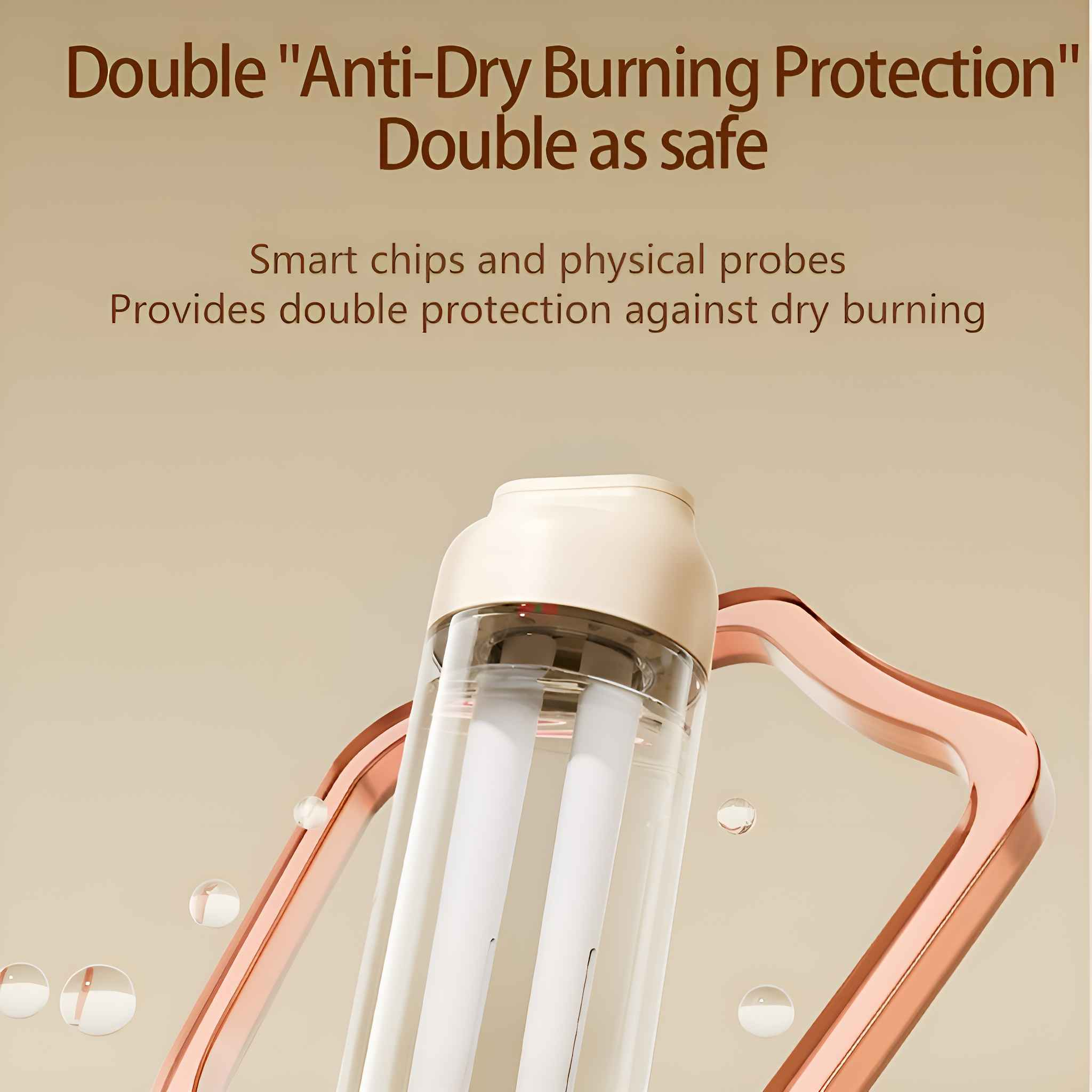 Nahaufnahme eines Luftbefeuchters, die sein Design mit Wassertröpfchen und Text über doppelten Schutz zeigt.