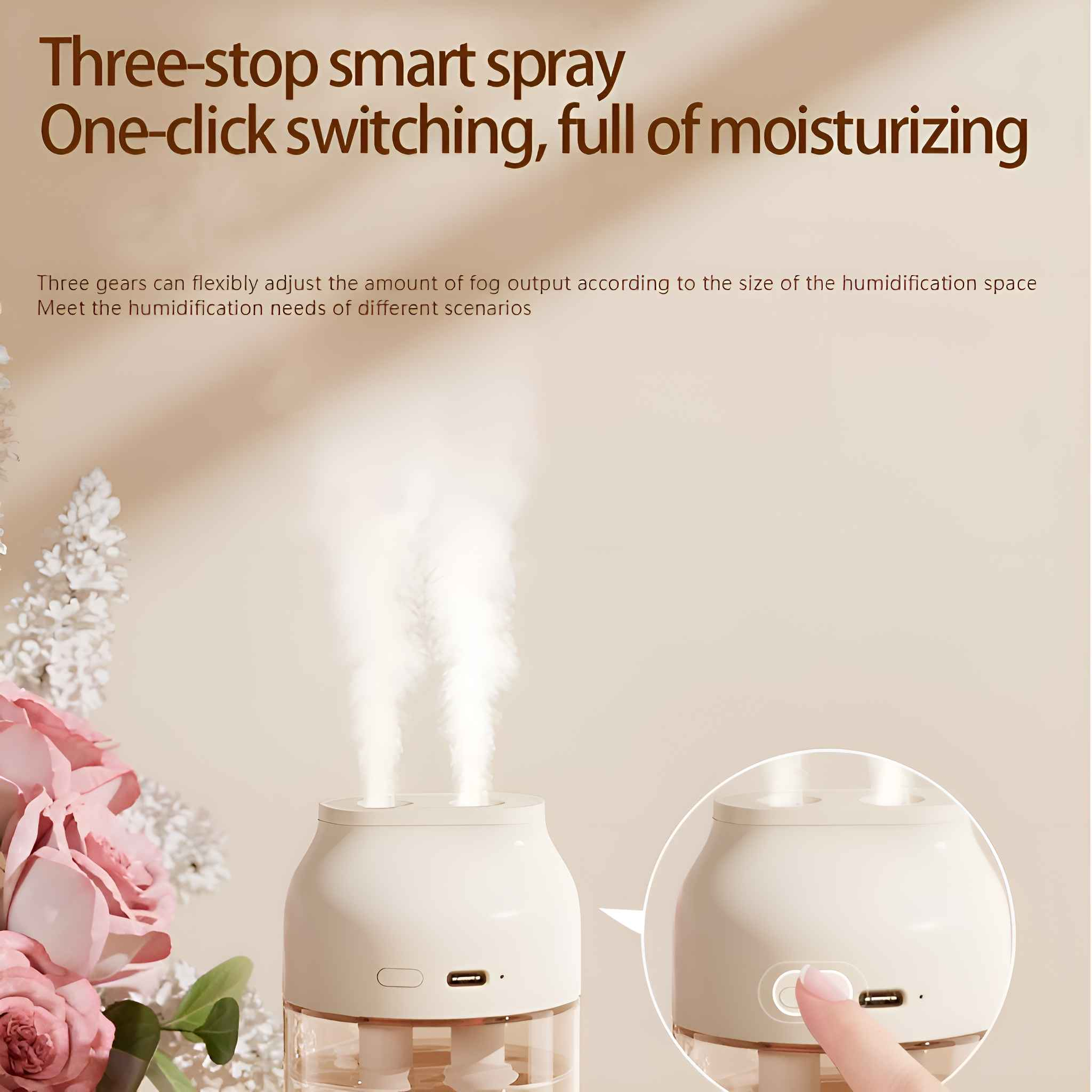 Ein Luftbefeuchter mit weißem und rosa Deckel gibt Nebel ab. Blumen und ein Finger, der einen Knopf drückt, sind zu sehen.