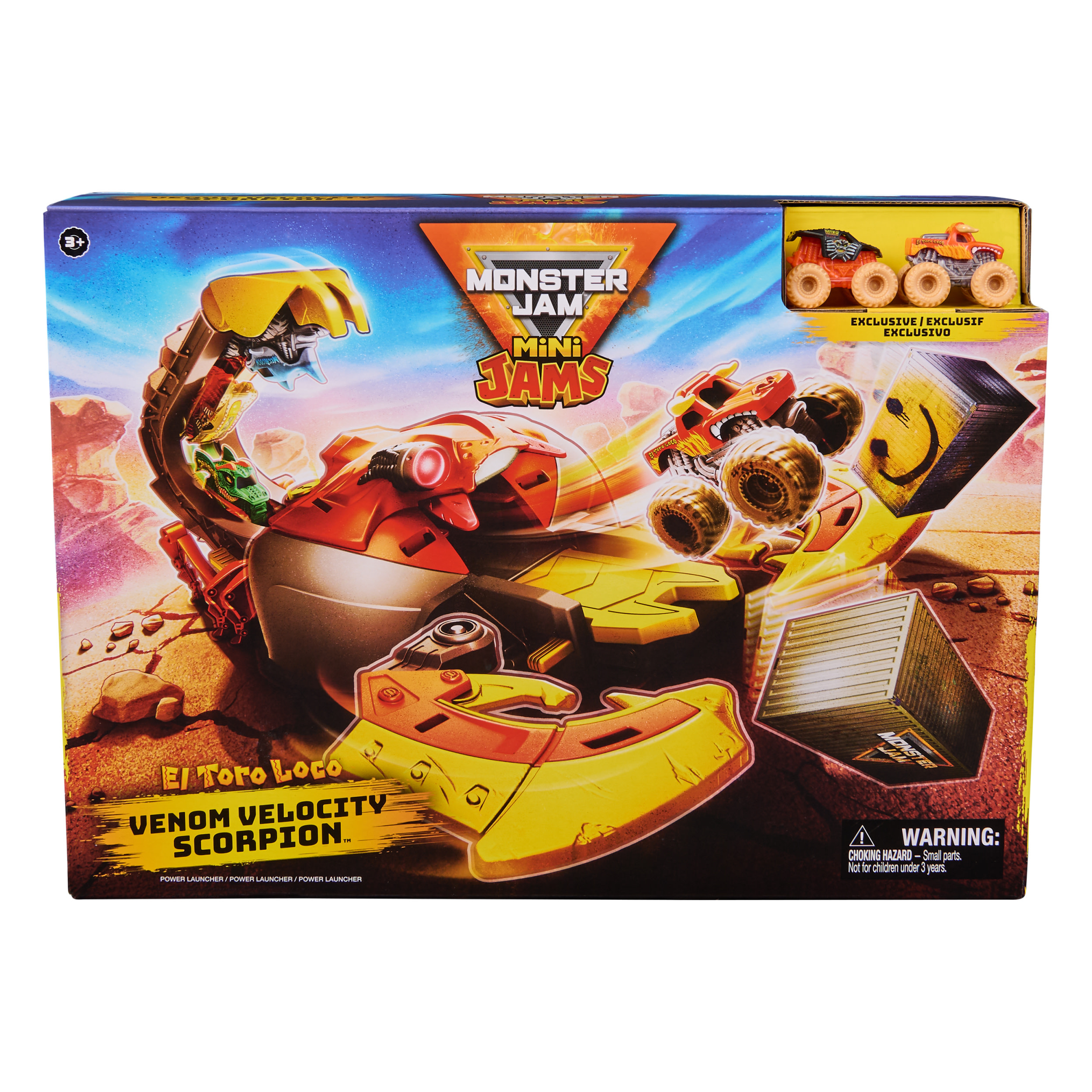 Pudełko z zabawkami dla zestawu mini samochodzików Monster Jam. Pudełko zawiera zdjęcia monster trucków.