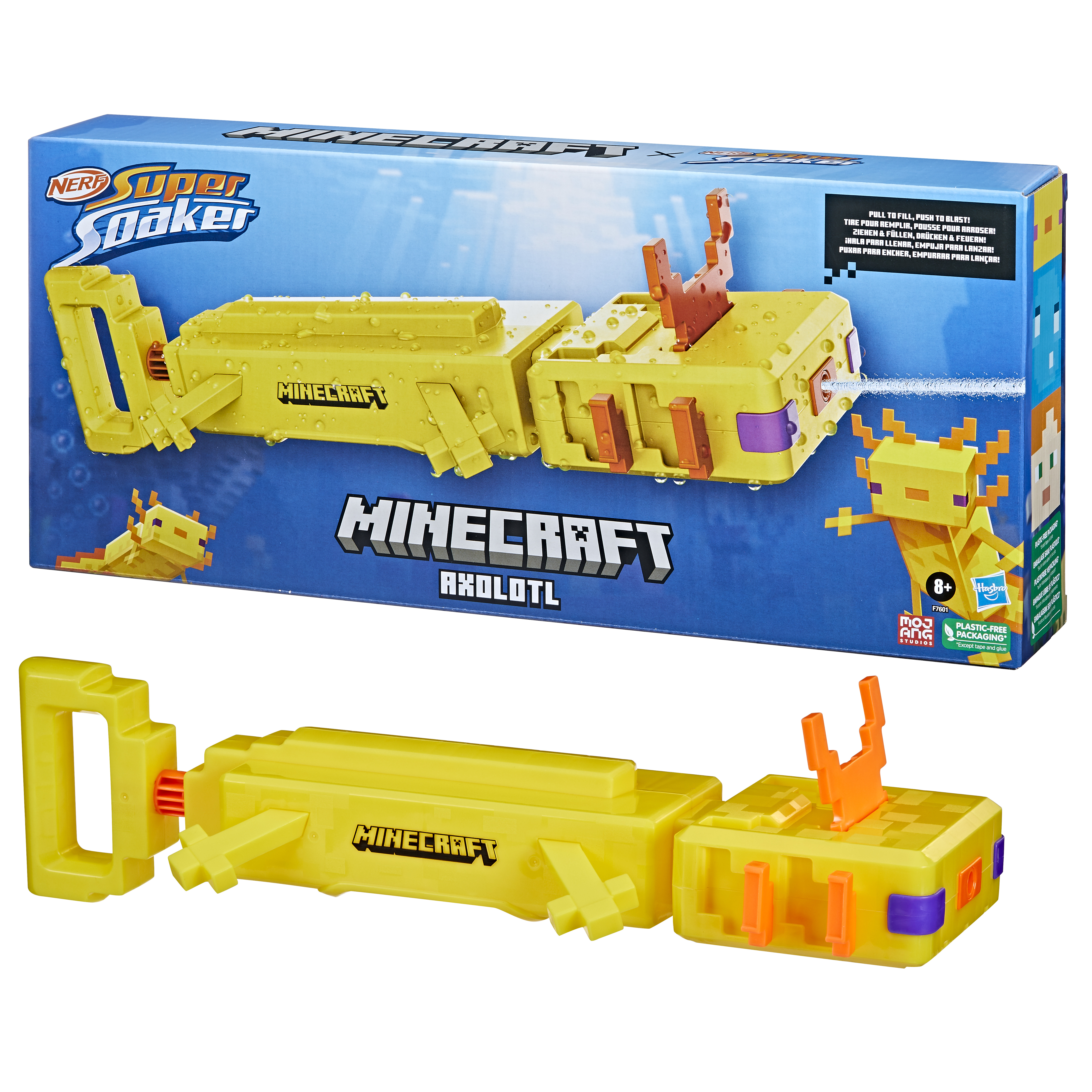 Una pistola de agua Minecraft Axolotl y su caja.