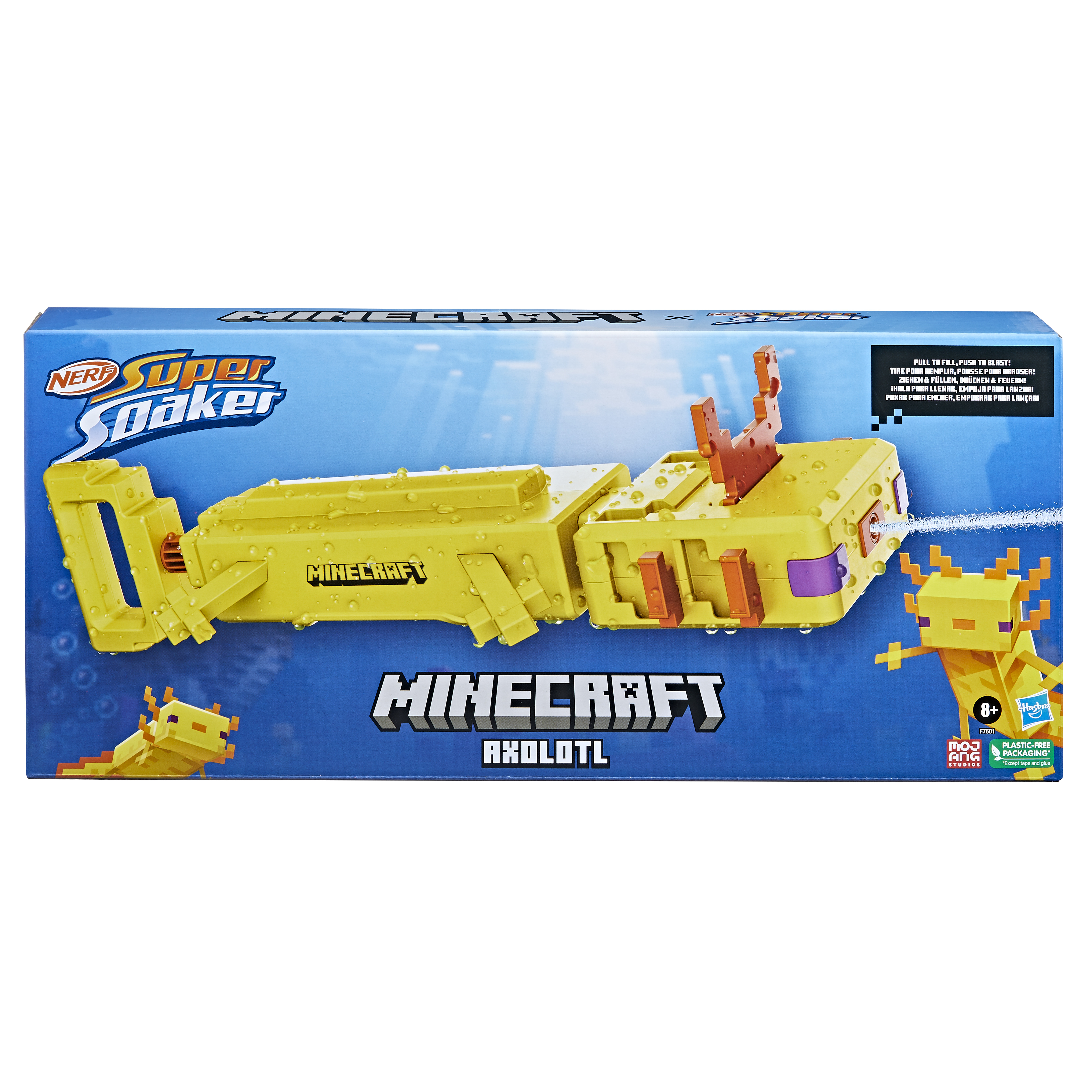 Una pistola de agua Nerf Super Soaker Minecraft Axolotl en una caja.