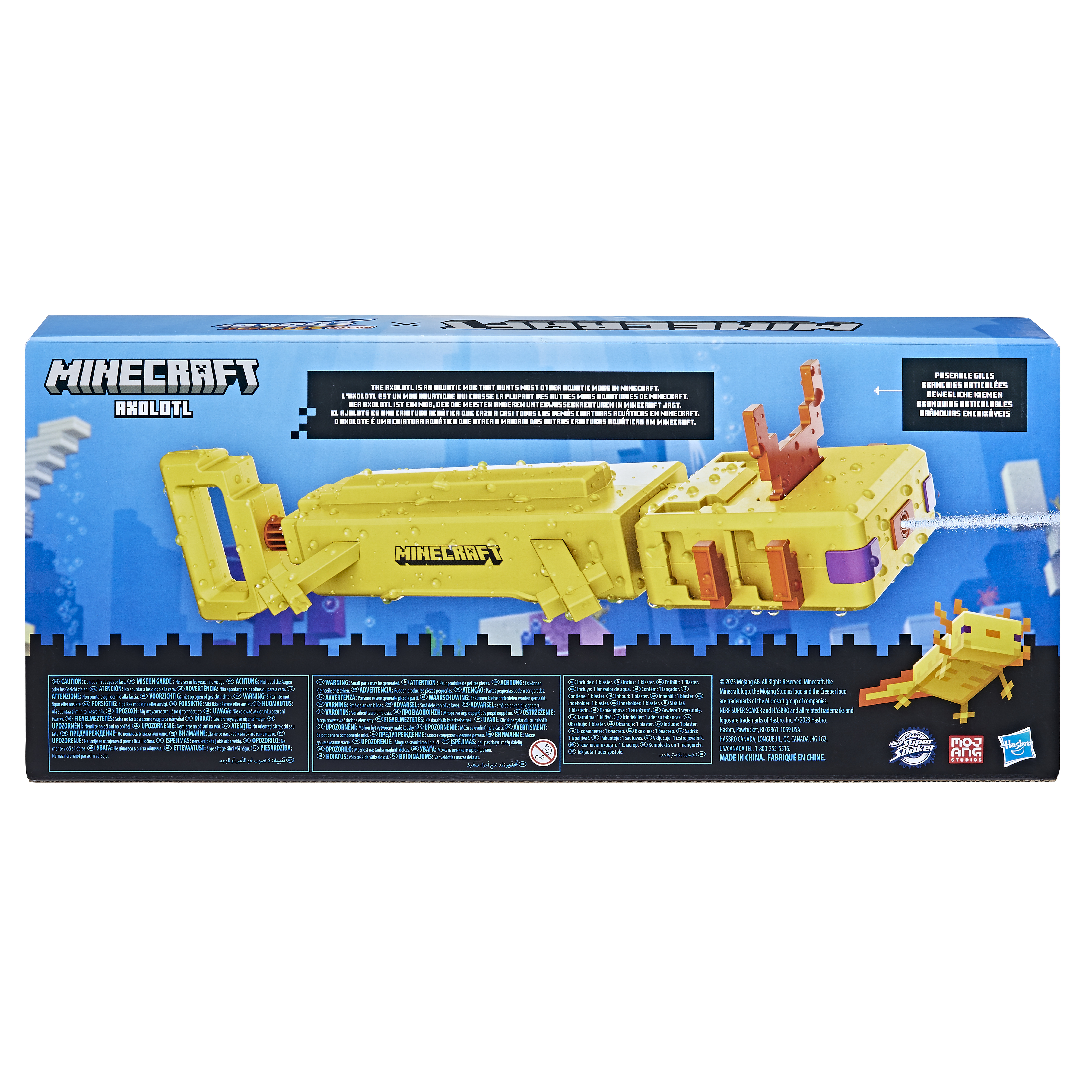 Parte posterior de una pistola de juguete Minecraft amarilla, con texto e imágenes en la caja, mostrando un personaje.