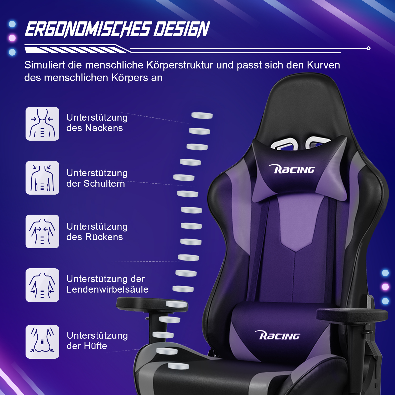 Ein Gaming-Stuhl mit lila und schwarzem Design. Der Stuhl ist ergonomisch und stützt den Rücken.