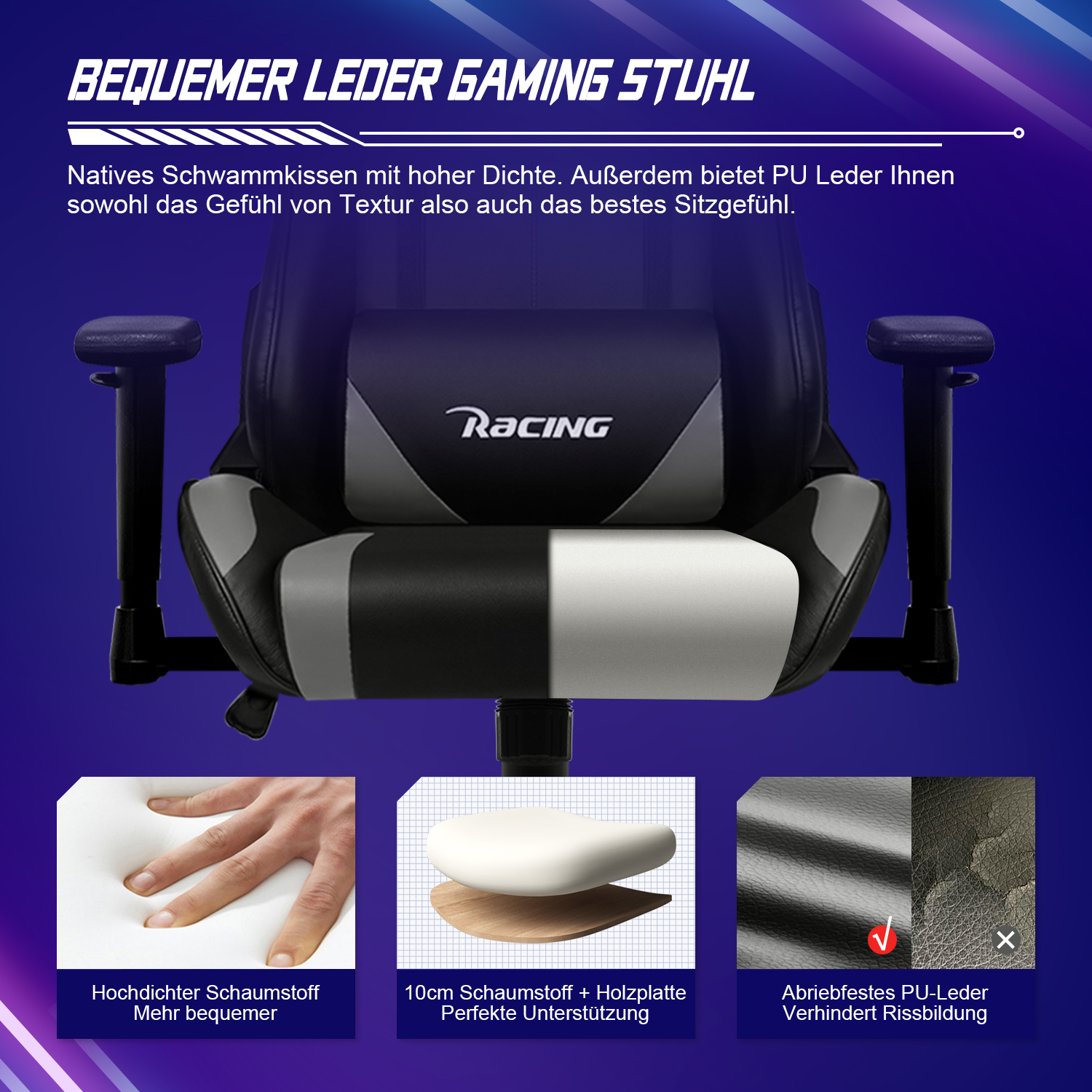 Gaming-Stuhl mit schwarzen, weißen und grauen Abschnitten. Hand berührt Schaumstoff und Nahaufnahmen von Materialien.