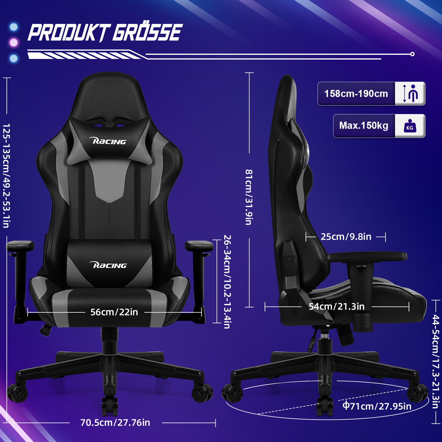 Ein Gaming-Stuhl mit Maßen und Beschriftungen. Er ist schwarz und grau, mit dem Logo 'Racing'.