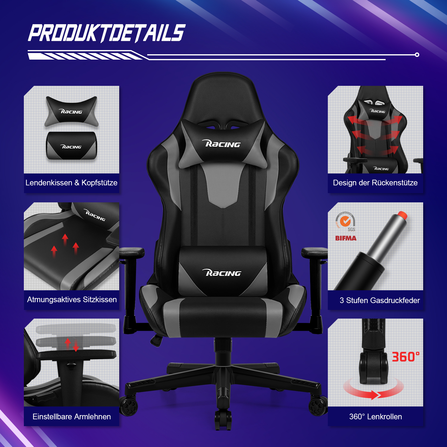 Gaming-Stuhl mit Kopfstütze, Lendenwirbelstütze, verstellbaren Armlehnen und detaillierten Teilen. Produktdetail-Layout.