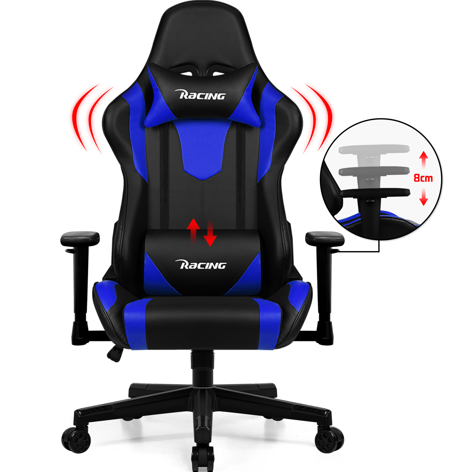 Blauer und schwarzer Gaming-Stuhl mit verstellbarer Rückenlehne und Armlehnen. Mit Racing-Logo.
