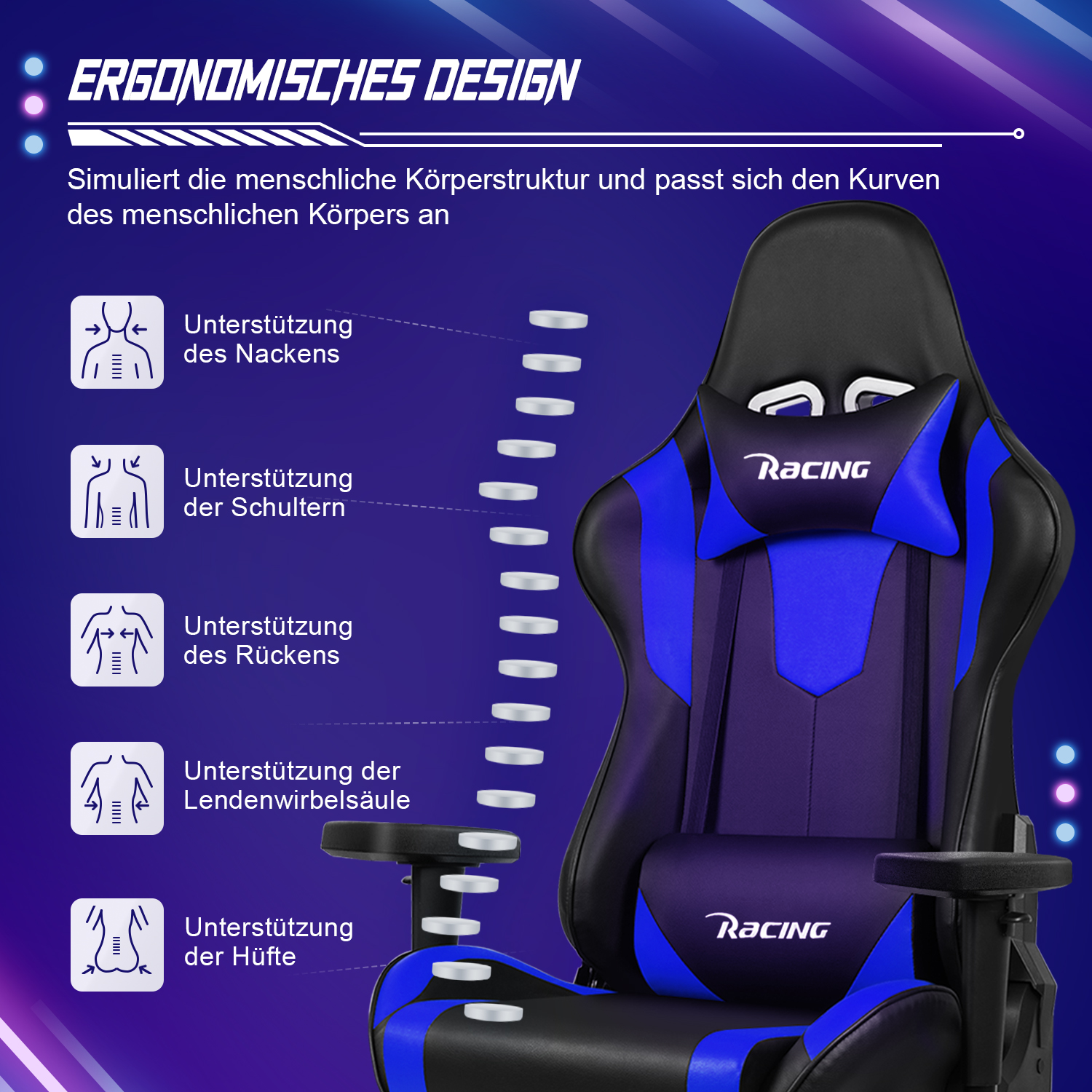 Ergonomischer Gaming-Stuhl. Zeigt Stützbereiche an Rücken, Schultern und Nacken. Blauer und schwarzer Stuhl.