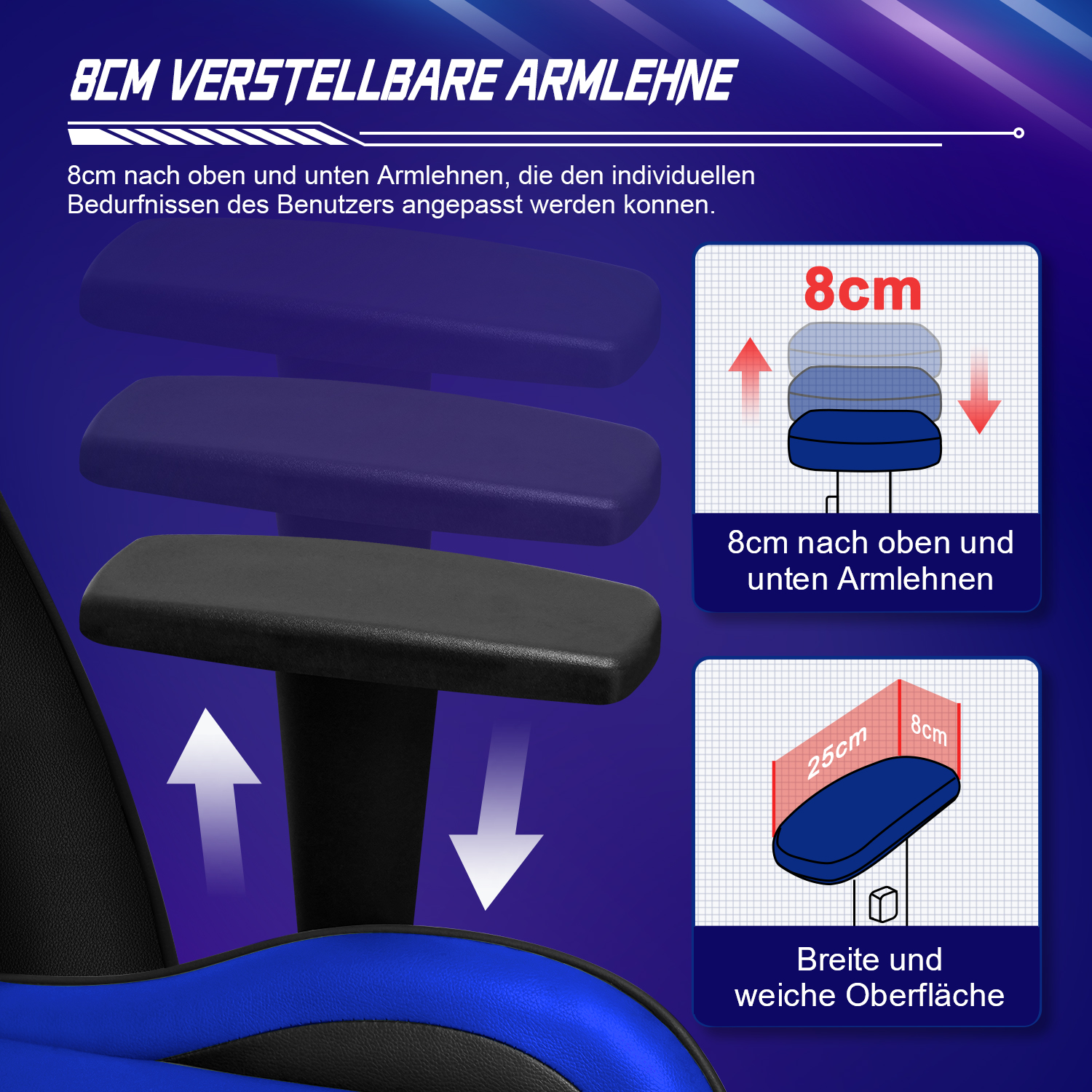 Detail der verstellbaren Armlehne des Gaming-Stuhls, das Höhenoptionen mit blau-schwarzem Farbschema zeigt.