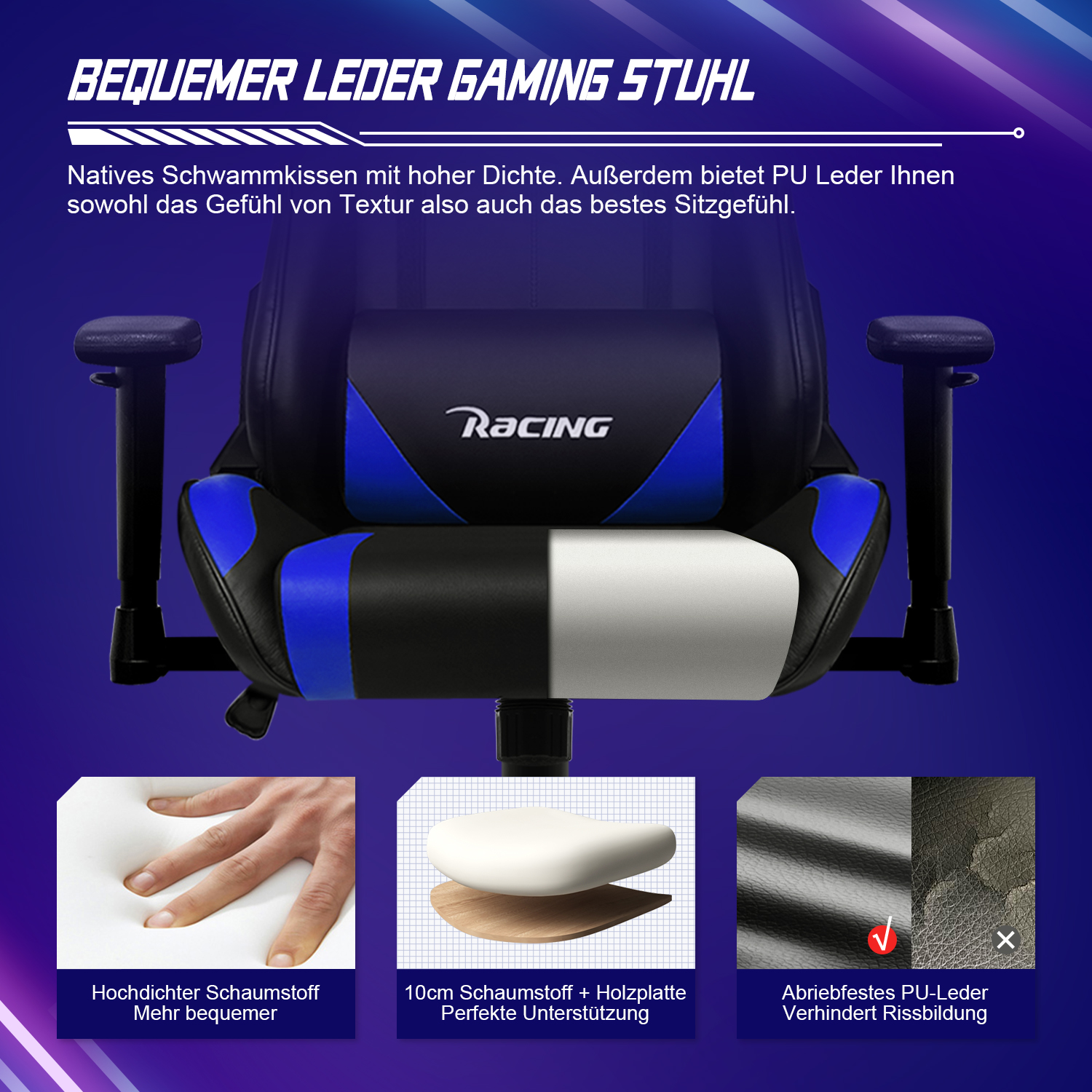 Gaming-Stuhl mit Schaumstoff und PU-Leder mit Komfort- und Stützfunktionen in Blau und Schwarz.