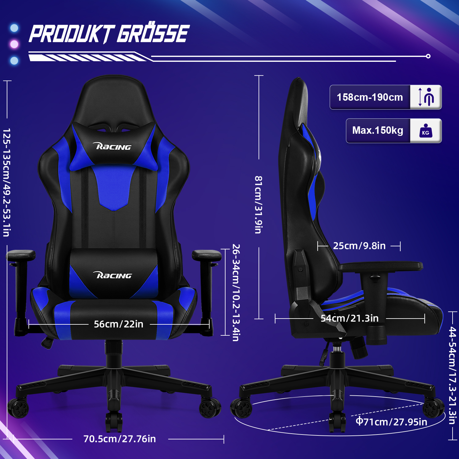Gaming-Stuhl mit schwarz-blauem Design, Abmessungen und Tragfähigkeit auf weißem Hintergrund dargestellt.