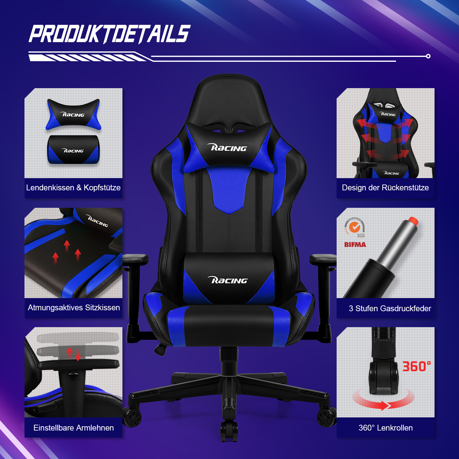 Merkmale eines blau-schwarzen Gaming-Stuhls, einschließlich Kopfstütze, verstellbarer Armlehnen und atmungsaktivem Sitz.
