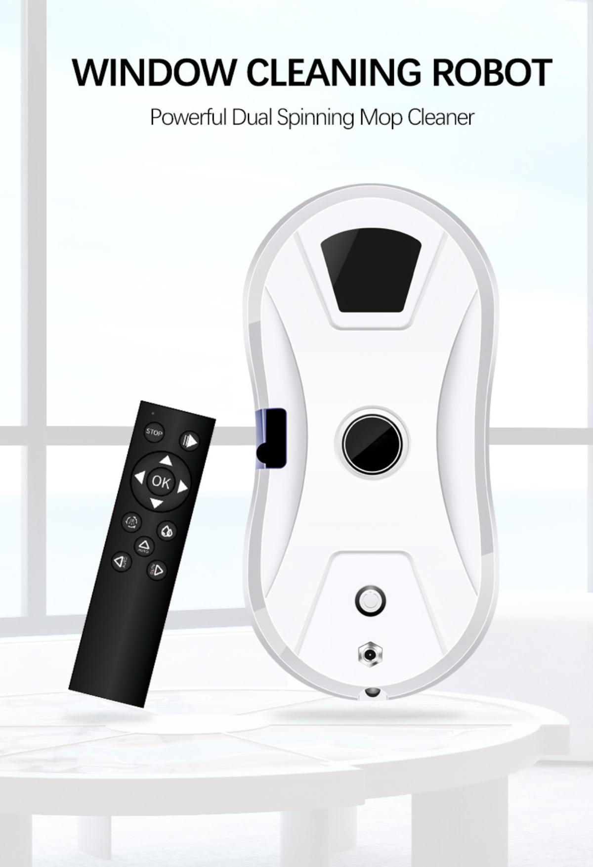 Weißer Fensterputzroboter und Fernbedienung auf einem weißen Tisch, mit hellem Fensterhintergrund.
