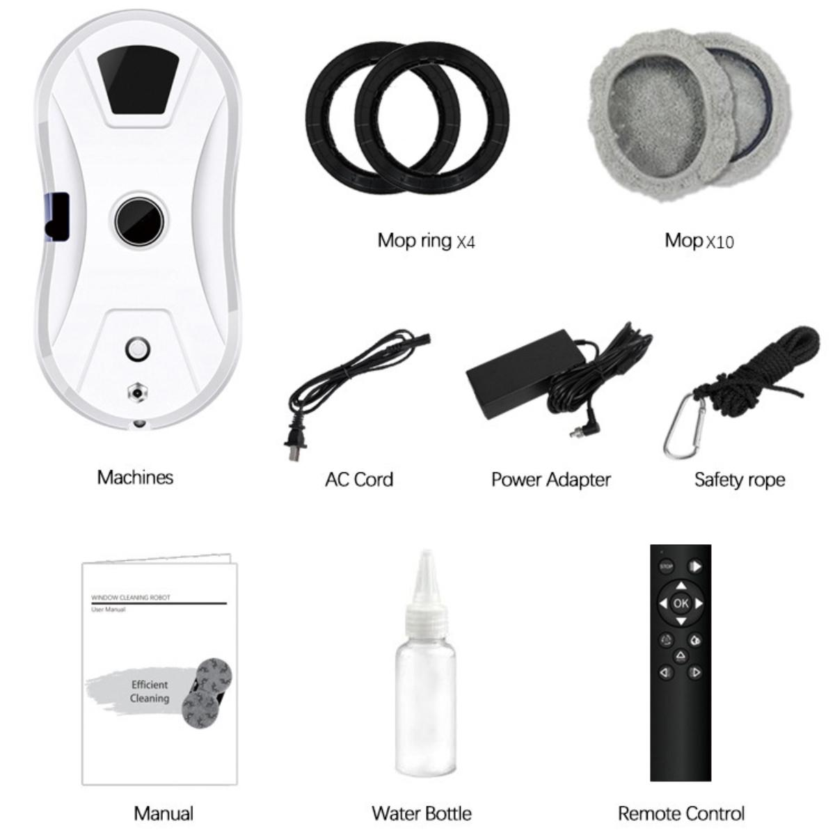 Fensterputzroboter-Set mit Komponenten: Roboter, Mopps, Adapter, Fernbedienung, Handbuch und Zubehör, auf Weiß dargestellt.