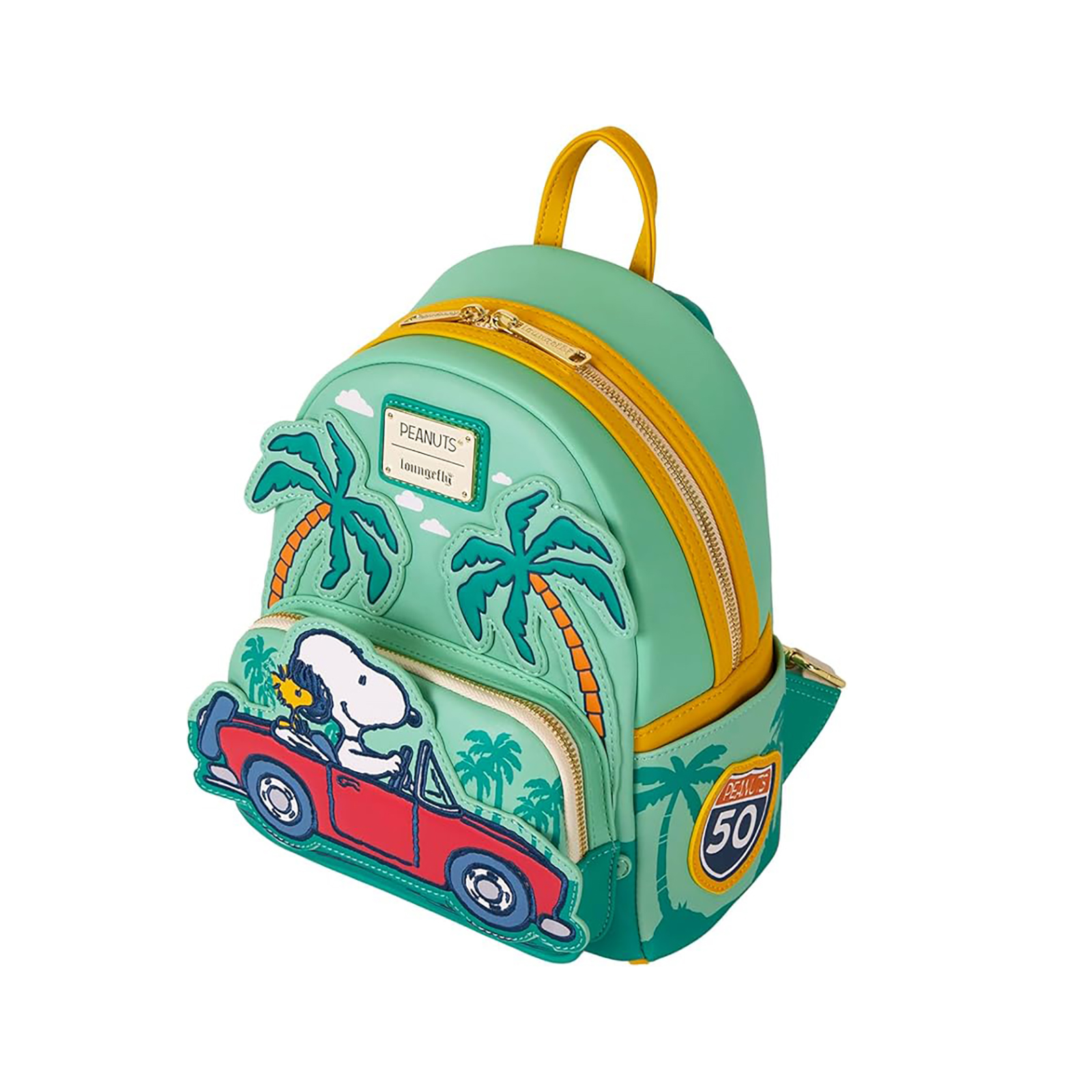 Ein Snoopy-Rucksack mit rotem Auto, Snoopy fährt und Palmen. Er hat einen gelben Reißverschluss und Griff.