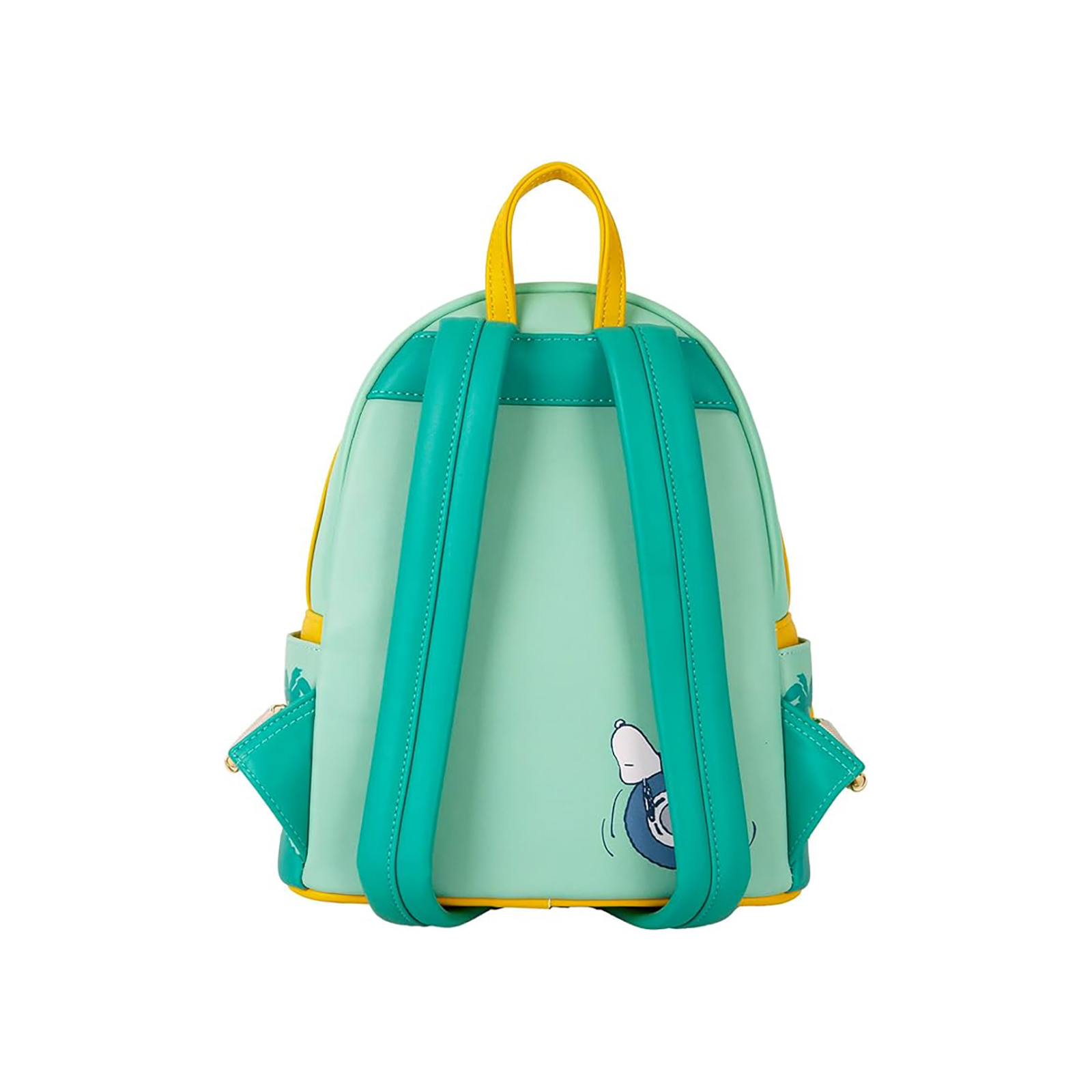 Ein hellblauer Snoopy-Rucksack mit gelben Trägern und türkisfarbenen Details.