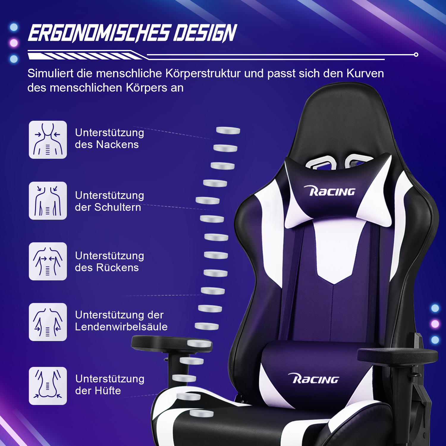 Ergonomischer Gaming-Stuhl mit Nacken-, Schulter-, Rücken-, Lenden- und Hüftstütze. Er ist schwarz und lila.
