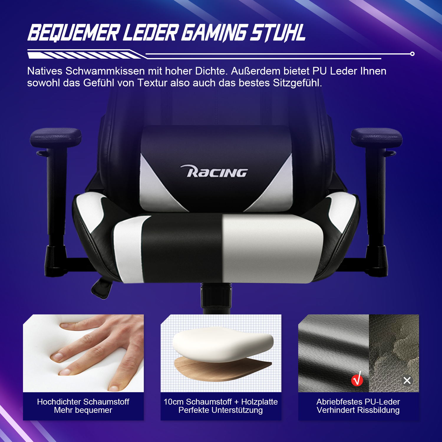 Gaming-Stuhl mit Kopfstütze und Armlehnen. Nahaufnahmen zeigen hochdichten Schaumstoff und eine PU-Lederprobe.