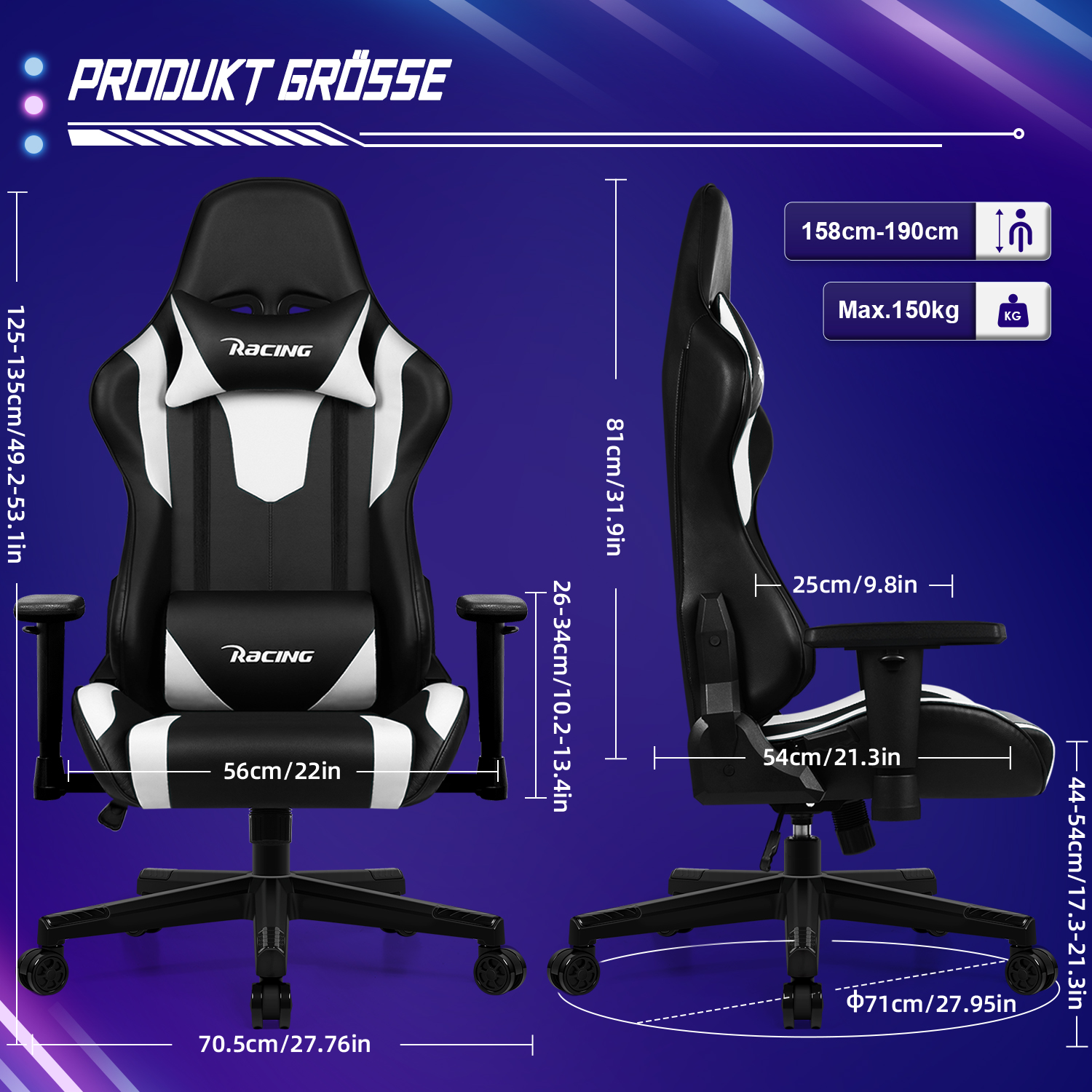Gaming-Stuhl Abmessungen. Seitenansicht und Vorderansicht mit Maßen in Zentimetern und Zoll.