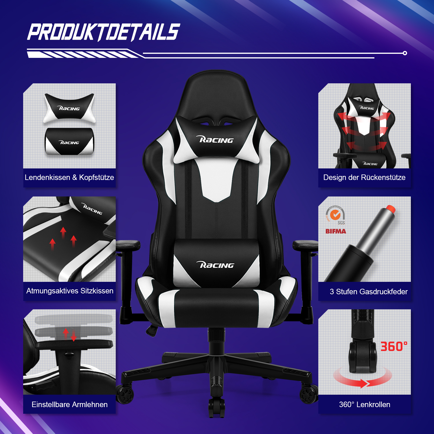 Ein Gaming-Stuhl mit mehreren Ansichten, die Kopfstütze, Rückenlehne, verstellbare Armlehnen und Abmessungen zeigen.