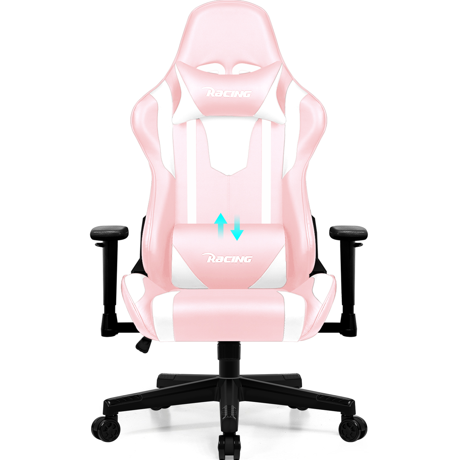 Rosa-weißer Racing-Gaming-Stuhl mit verstellbarer Kopf- und Lendenwirbelstütze, schwarzem Fuß und Armlehnen.