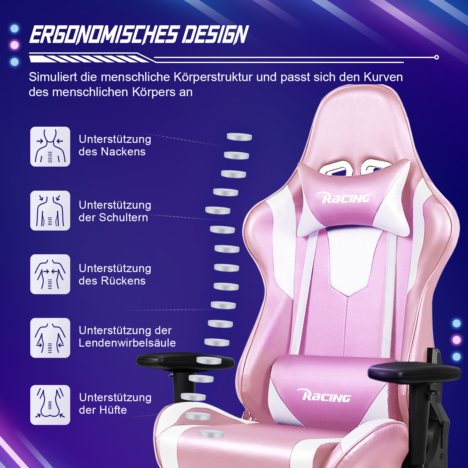 Pinkfarbener Gaming-Stuhl mit ergonomischem Design, Hervorhebung von Nacken-, Schulter-, Rücken- und Hüftunterstützung.