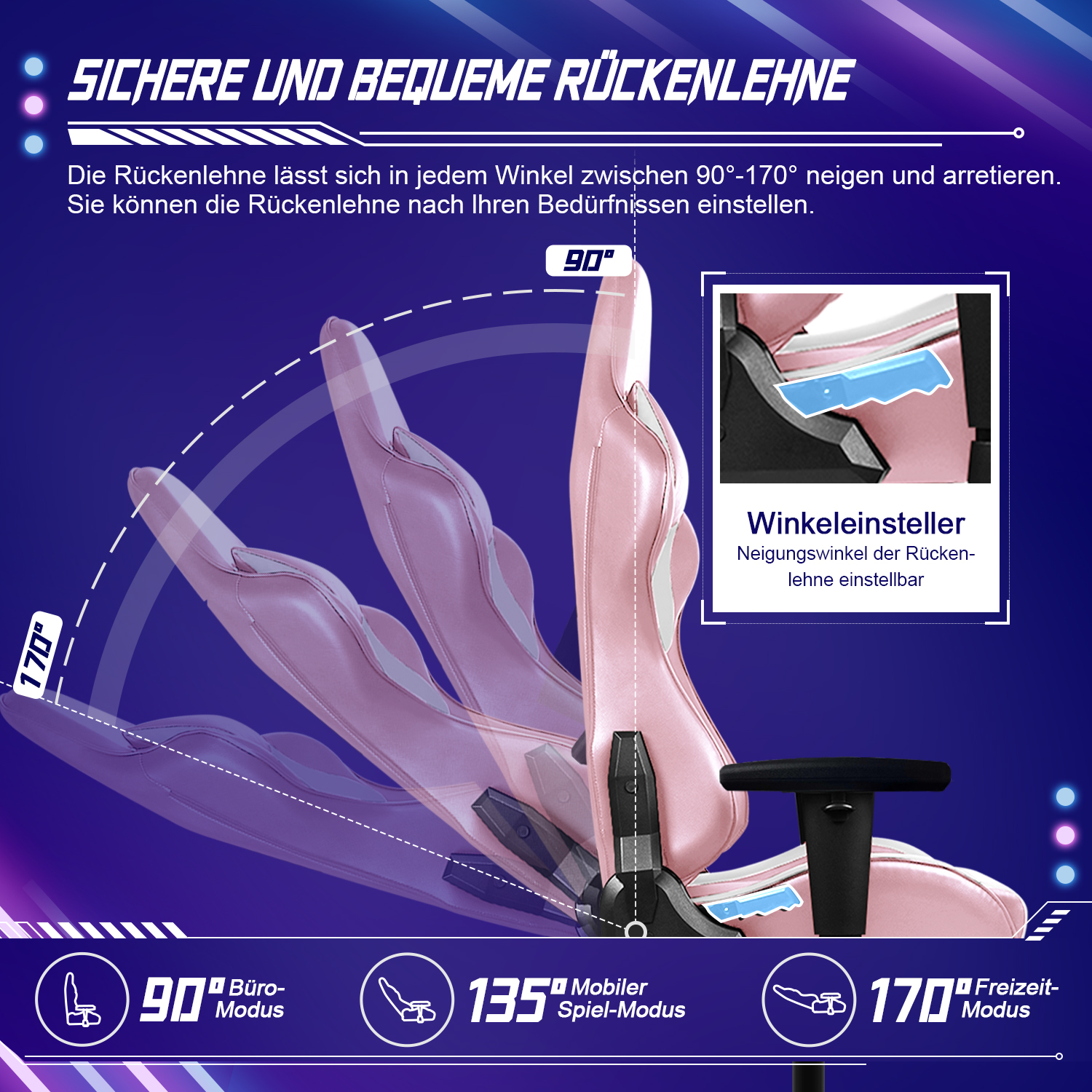 Pinkfarbener Gaming-Stuhl mit einstellbaren Rückenlehnenwinkeln von 90 bis 170 Grad.