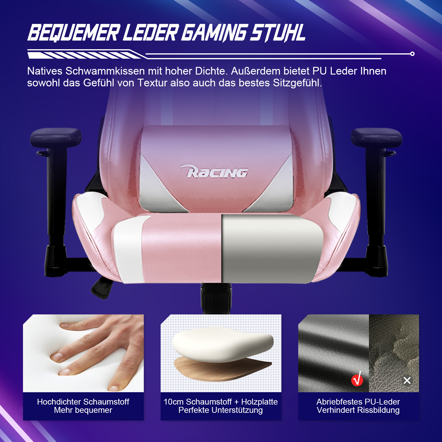 Nahaufnahme eines rosa Gaming-Stuhls mit Details zu Kissen, Schaumstoff und Leder, mit Text.